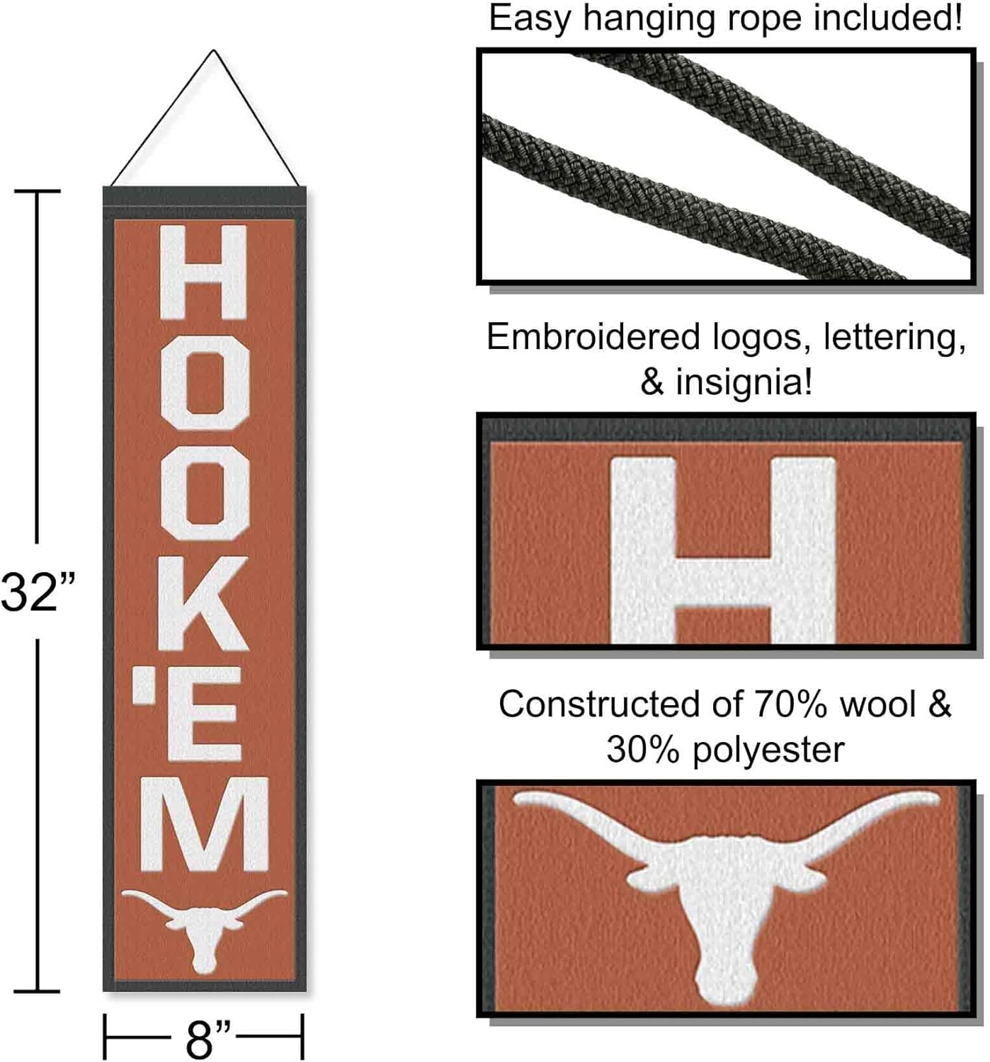 WinCraft University of Texas Longhorns Hook'em 8x32 Inch Vertical Wool Embroidered Hanging Banner