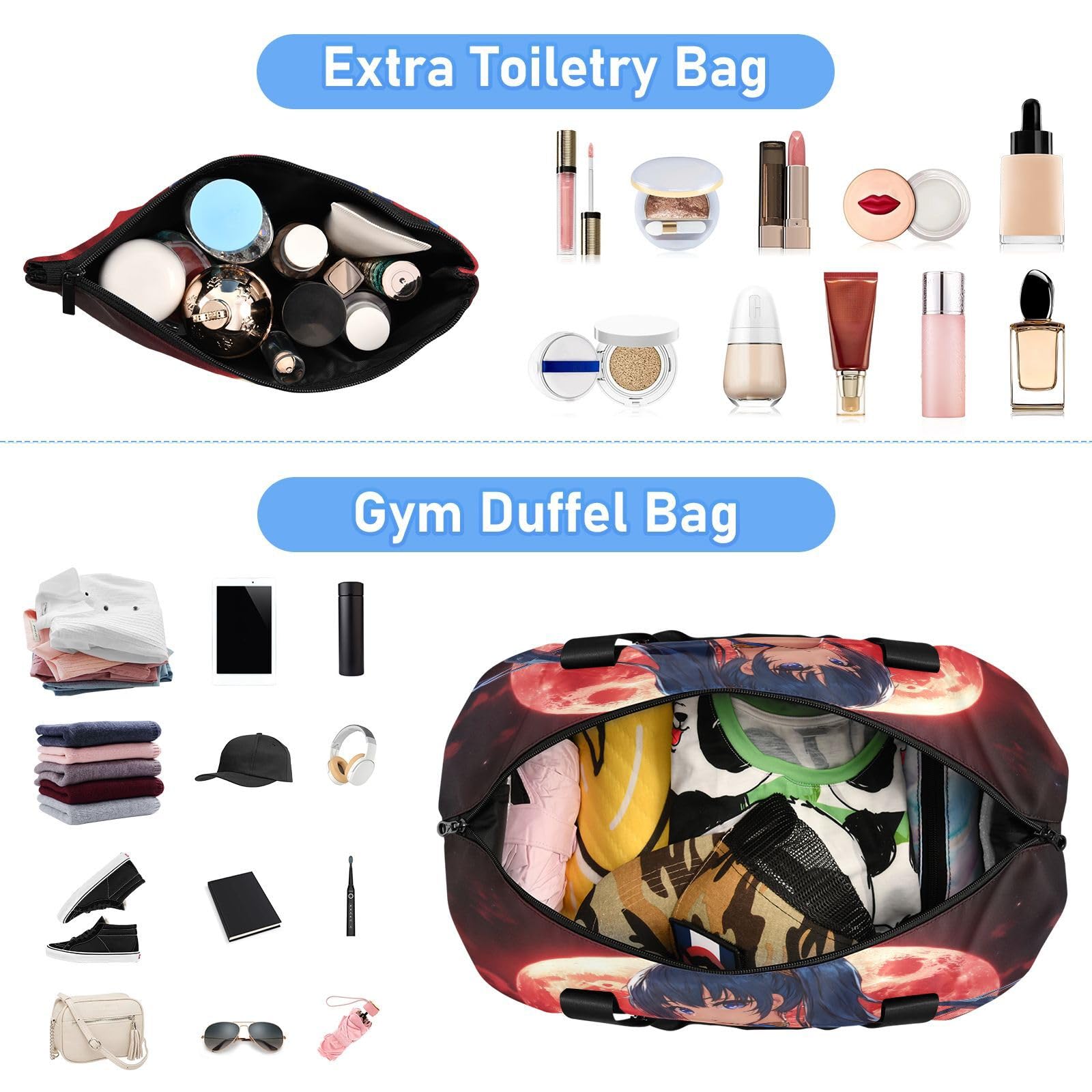 Bolsas de viaje de estilo anime, con fondo de luna roja, con bolsillo mojado, correa ajustable, para gimnasio, para viaje, juego de 2 piezas para hombres y mujeres