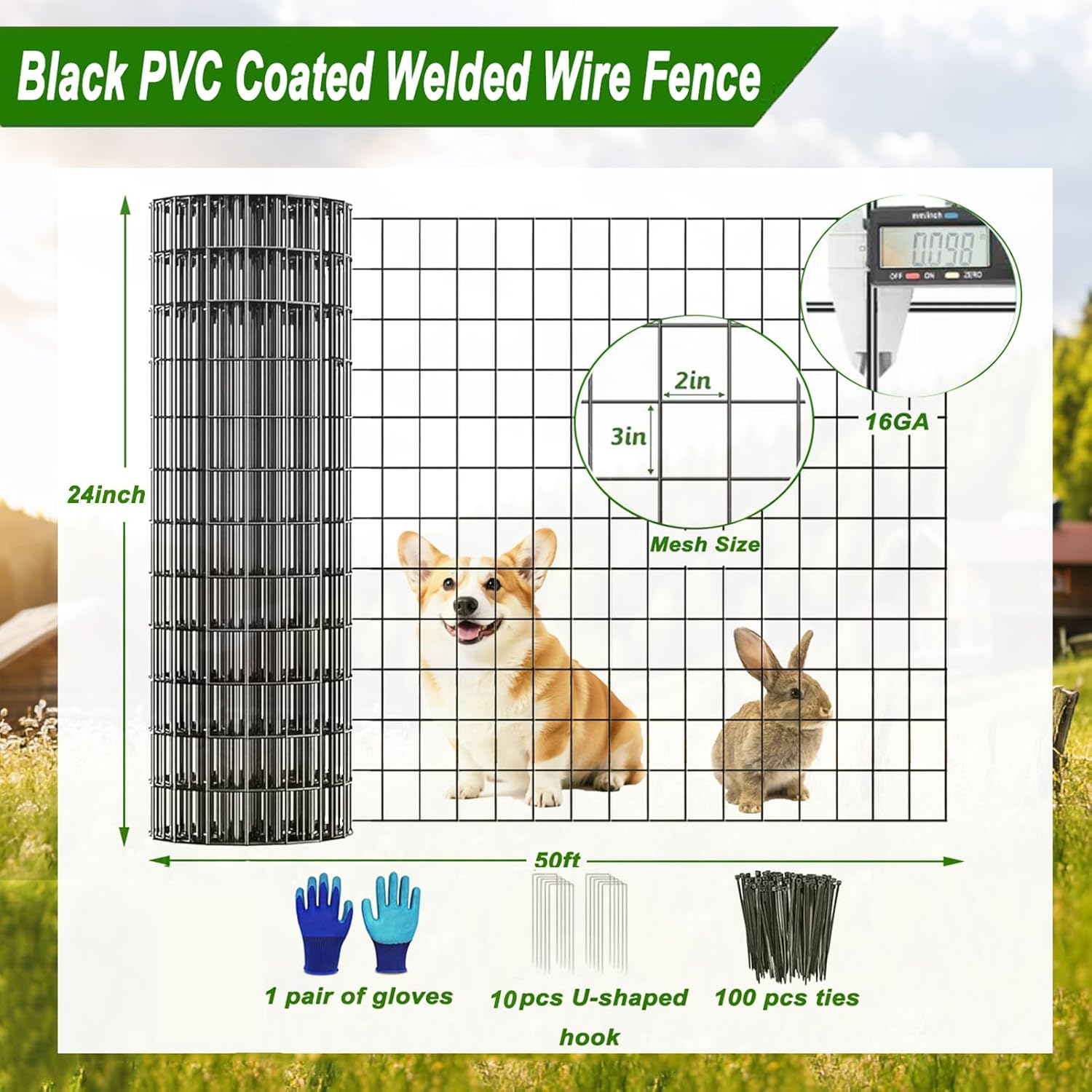 welded wire fence 24inch x 50ft, black pvc coated garden fencing, 2 inch x 3inch 16gauge chicken wire fence roll, anti-rust metal fencing for yard plant protection poultry netting 2ft x 50ft