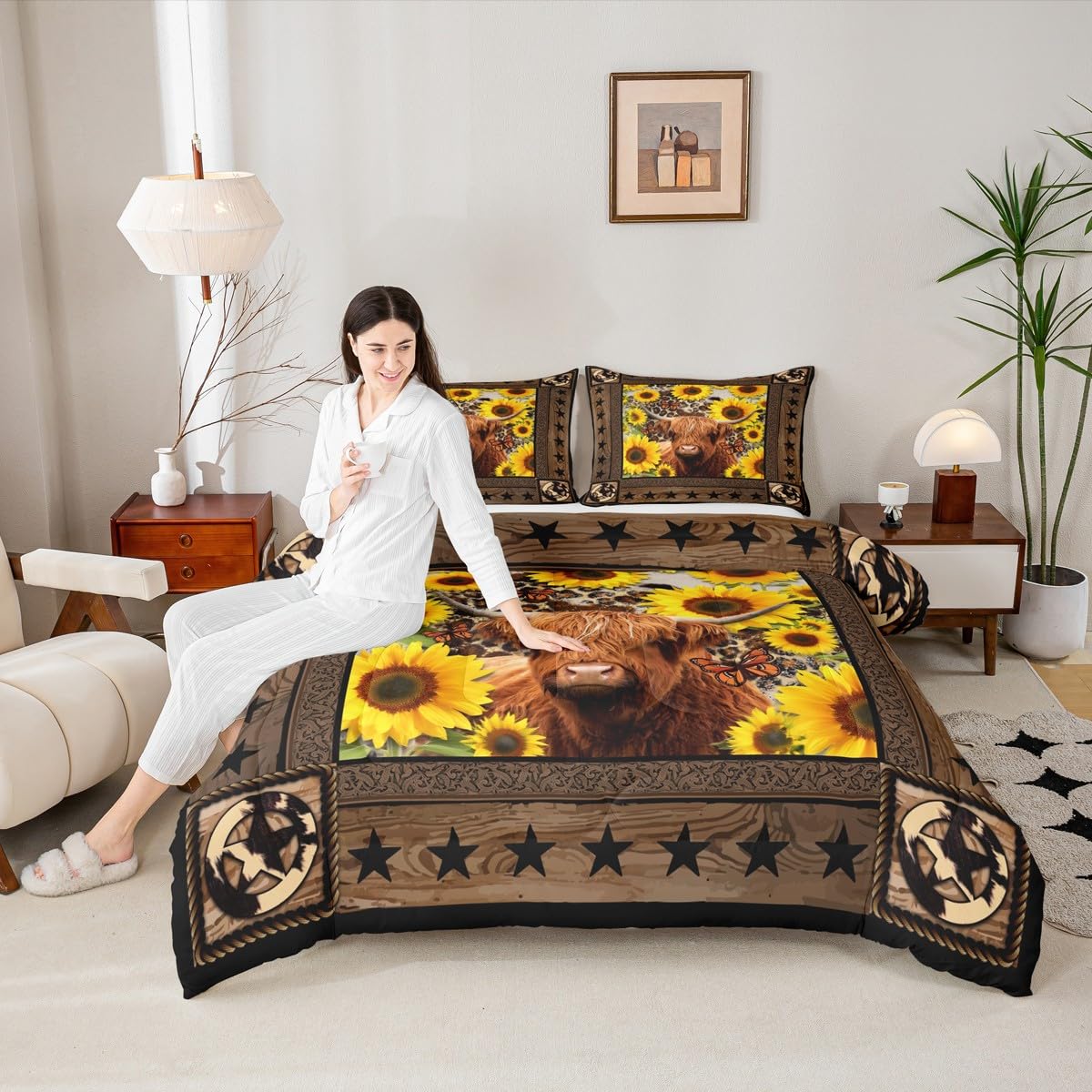 Highland Cow Sunflowers Kids Comforter Set Twin Size,Boys Girls Adults Xmas Decor,Abstract Leopard Cow Fur Down Comforter,Stars Wooden Plank Rustic