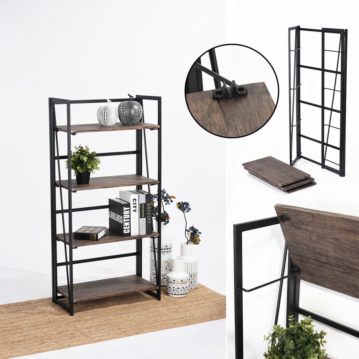 Library Storage Shelving Unit 4 Shelves Walnut MDF 60x30x125 cm Modern Design Metal Black