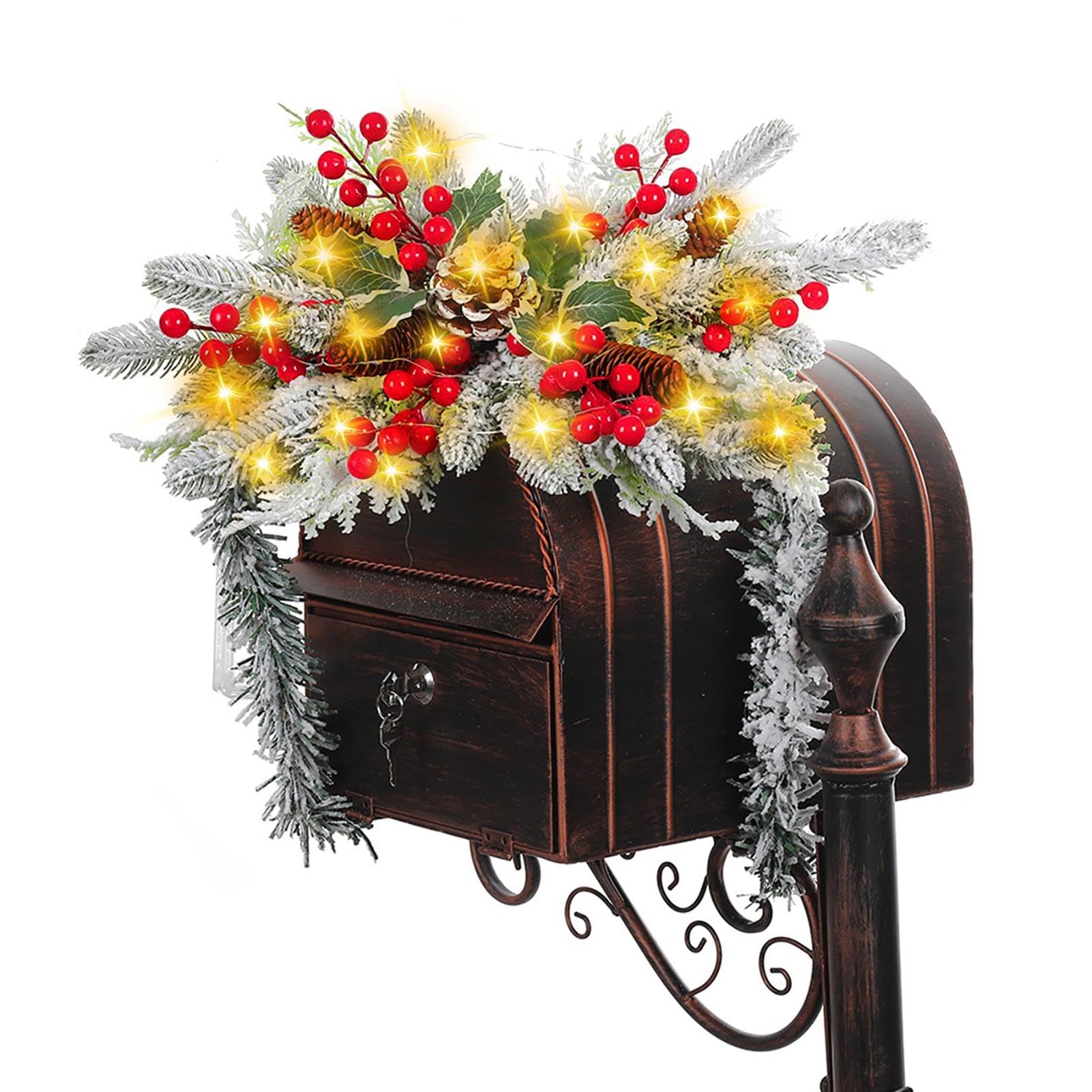 MISNODE Christmas Mailbox Swag, Holiday Pride Christmas Mailbox Swag with Snowy Pinecones, Silver Leaves and Red Berry Accents, Christmas Mailbox Swag Decorations with Light
