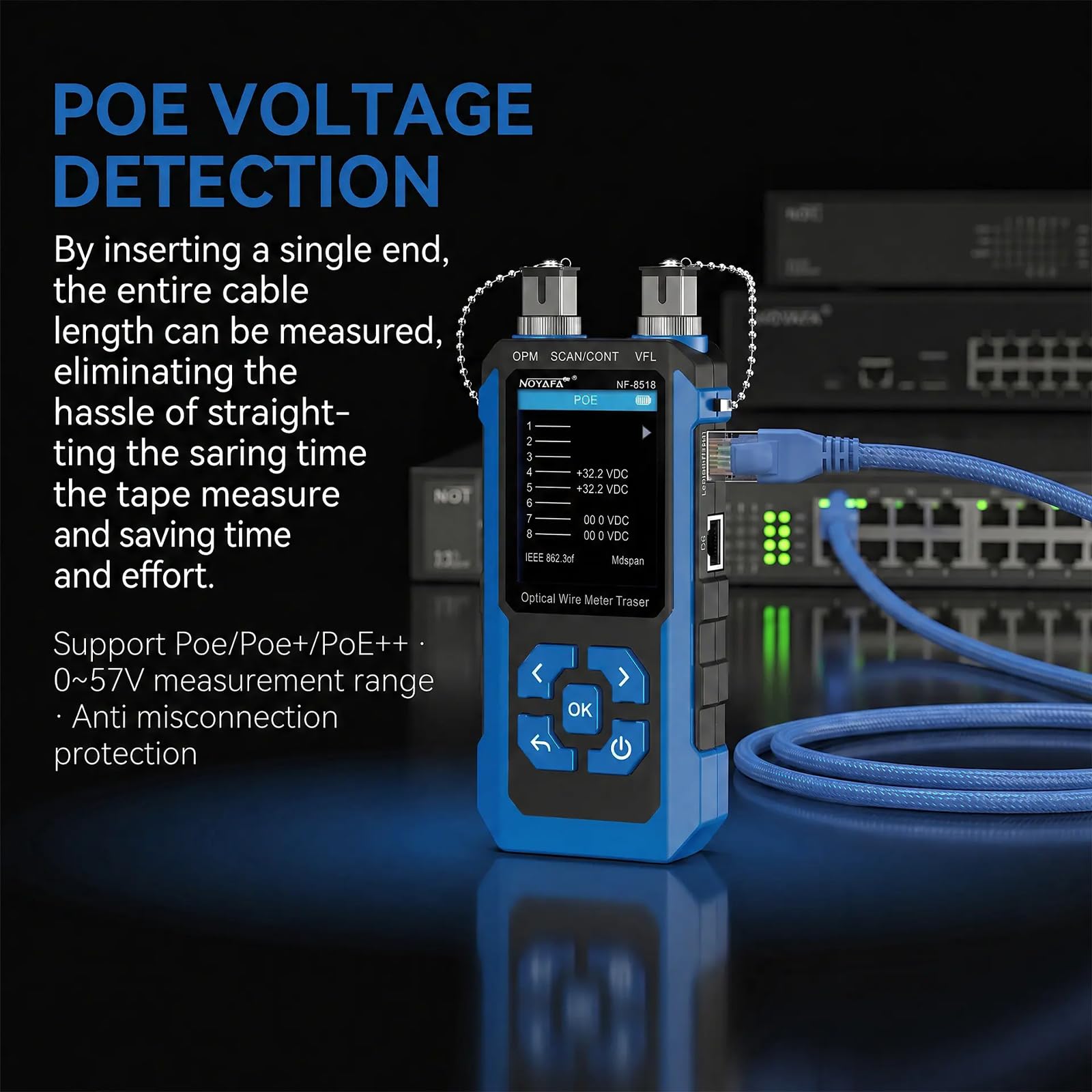 NOYAFA NF-8518 Netzwerkkabeltester mit Optischem Leistungsmesser - RJ45/RJ11, VFL, PoE, NCV, Längentest, Wire Mapping für CAT5/CAT6