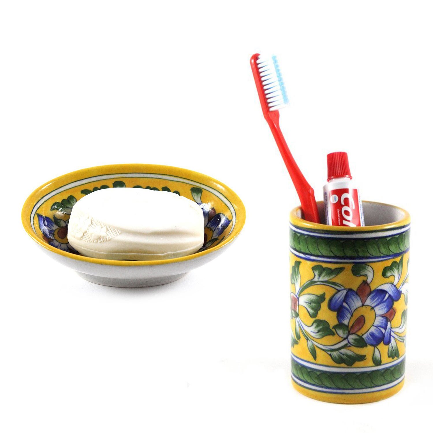 India Meets India Handmade Ceramic Soap Dish and Toothbrush Holder/Bathroom Accessories Set, Best for Gifting, Made by Awarded/Certified Indian Artisan