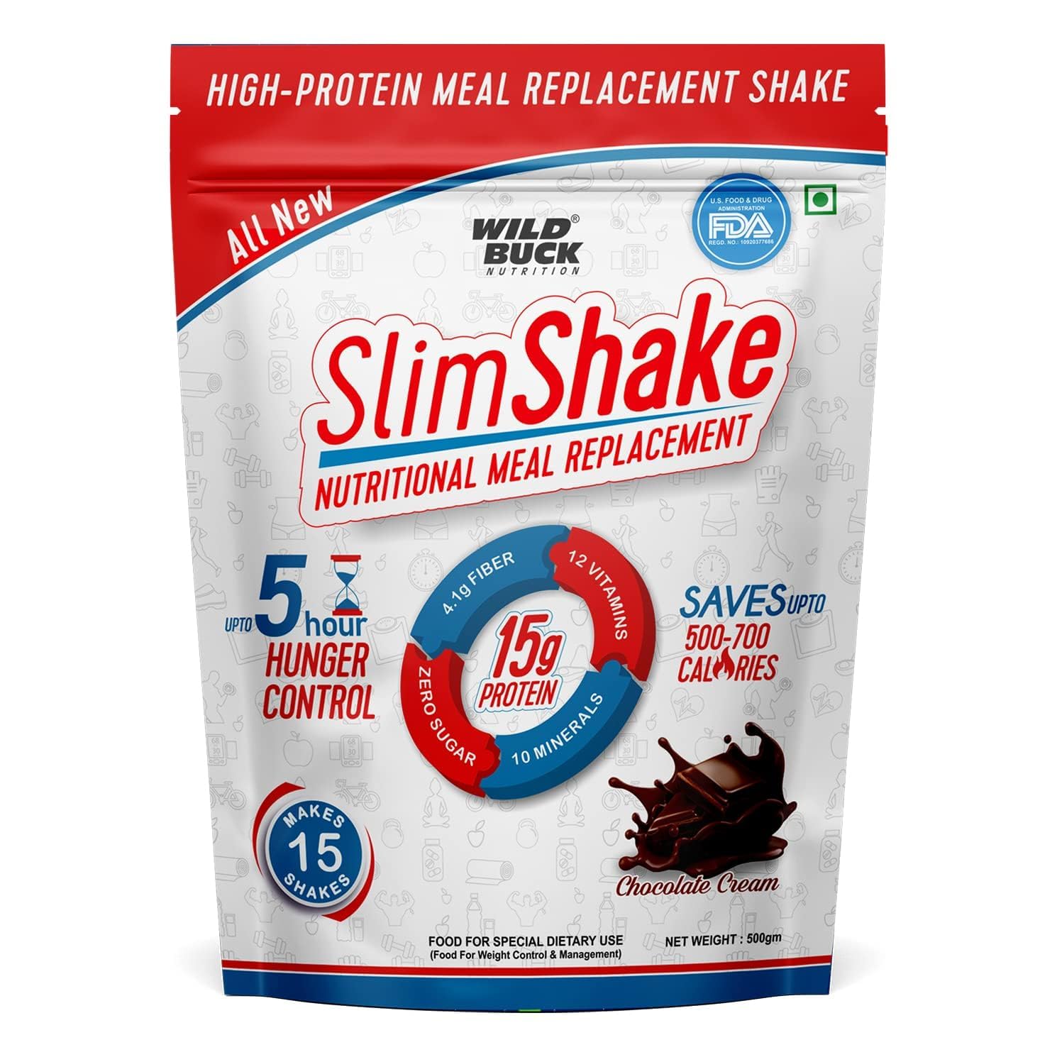 WILD BUCK SlimShake Meal Replacement Shake, High Protein Weight Loss & Lean Meal Shake, Low Carb Protein Blend, Rich in 12 Vitamins & 10 Minerals, Weight Control & Management Protein Shake 15g Protein, 4.1g Dietary Fiber & Digestive Enzymes | Meal Replacement Shake for Men and Women [Chocolate Cream, 500g]