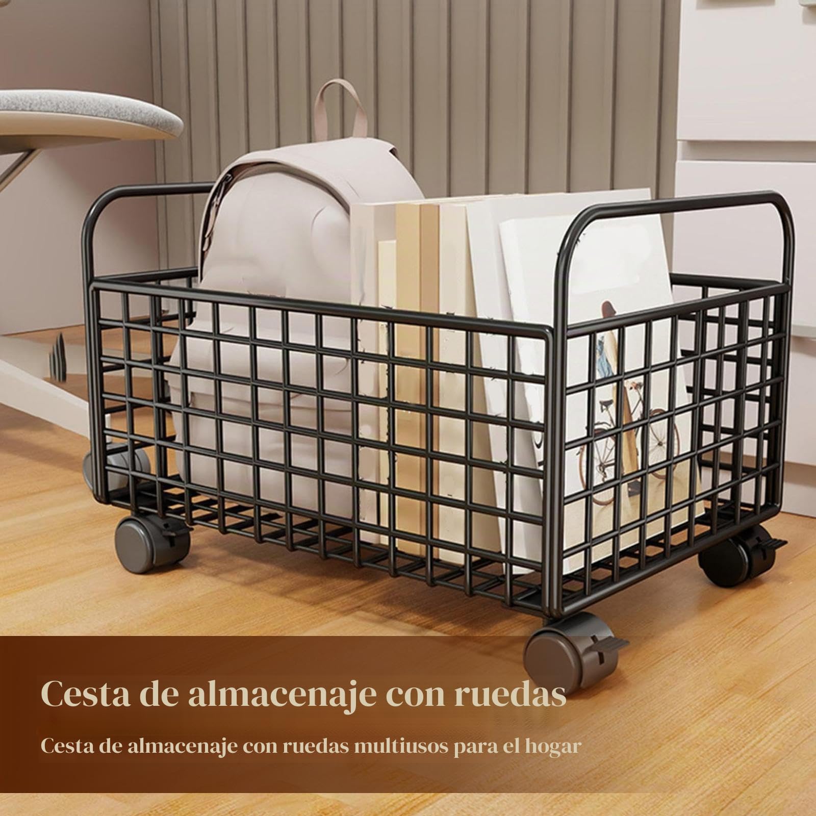 Carrito Utilitario con Ruedas para Almacenamiento Bajo El Escritorio, Contenedor de Malla Metálica para Juguetes Y Manualidades, Negro, 25 Cm X 48 Cm X 30