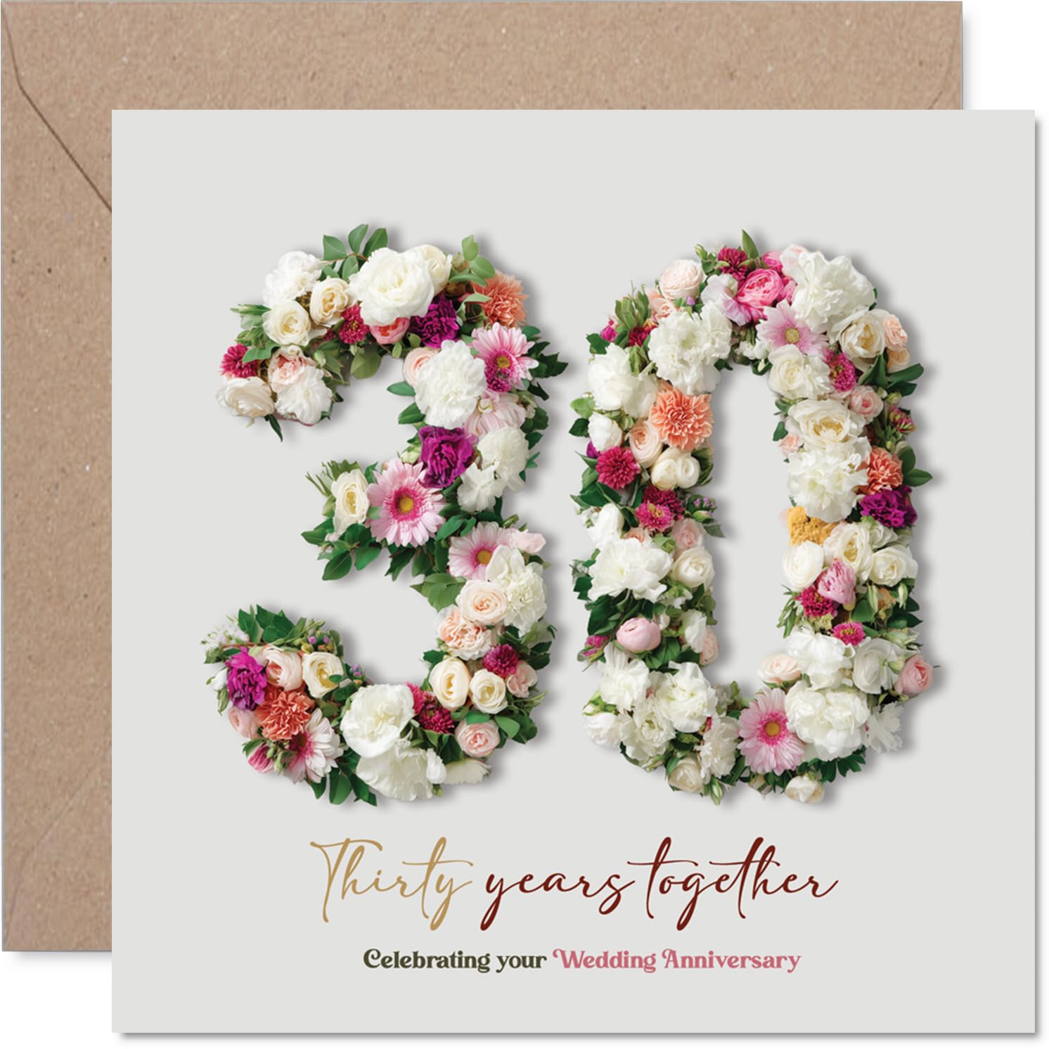 Heartfelt 30th Anniversary Card - Thirty Years of Love and Laughter - Elegant Floral '30' Design in Pink and Green - 145mm Square, Envelope Included