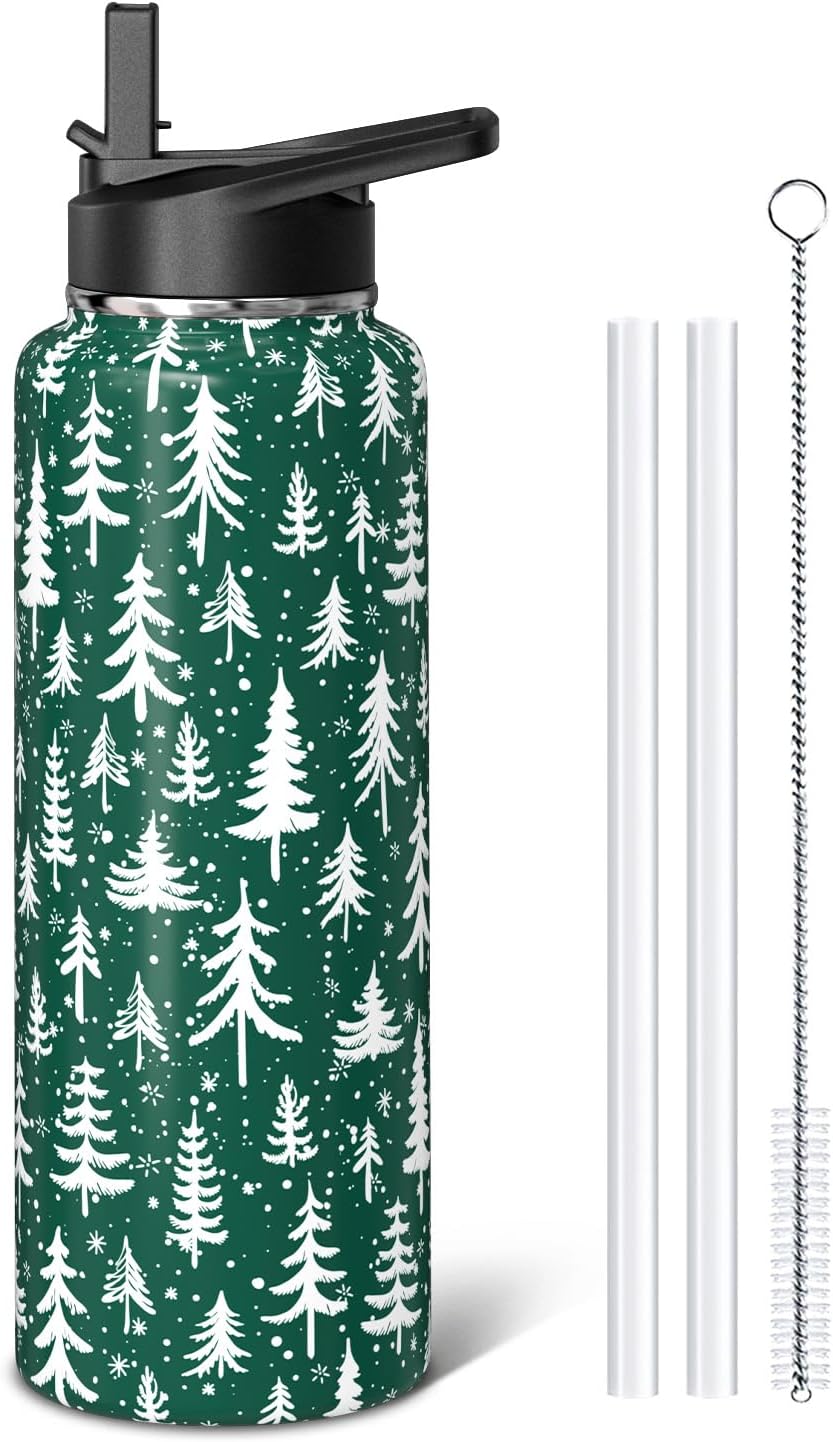 Christmas 40 oz Water Bottle with Straw Lid Christmas Tree Stainless Steel Double Walled Insulated Tumbler Winter Xmas Holiday Travel Cup Gifts for Men and Women
