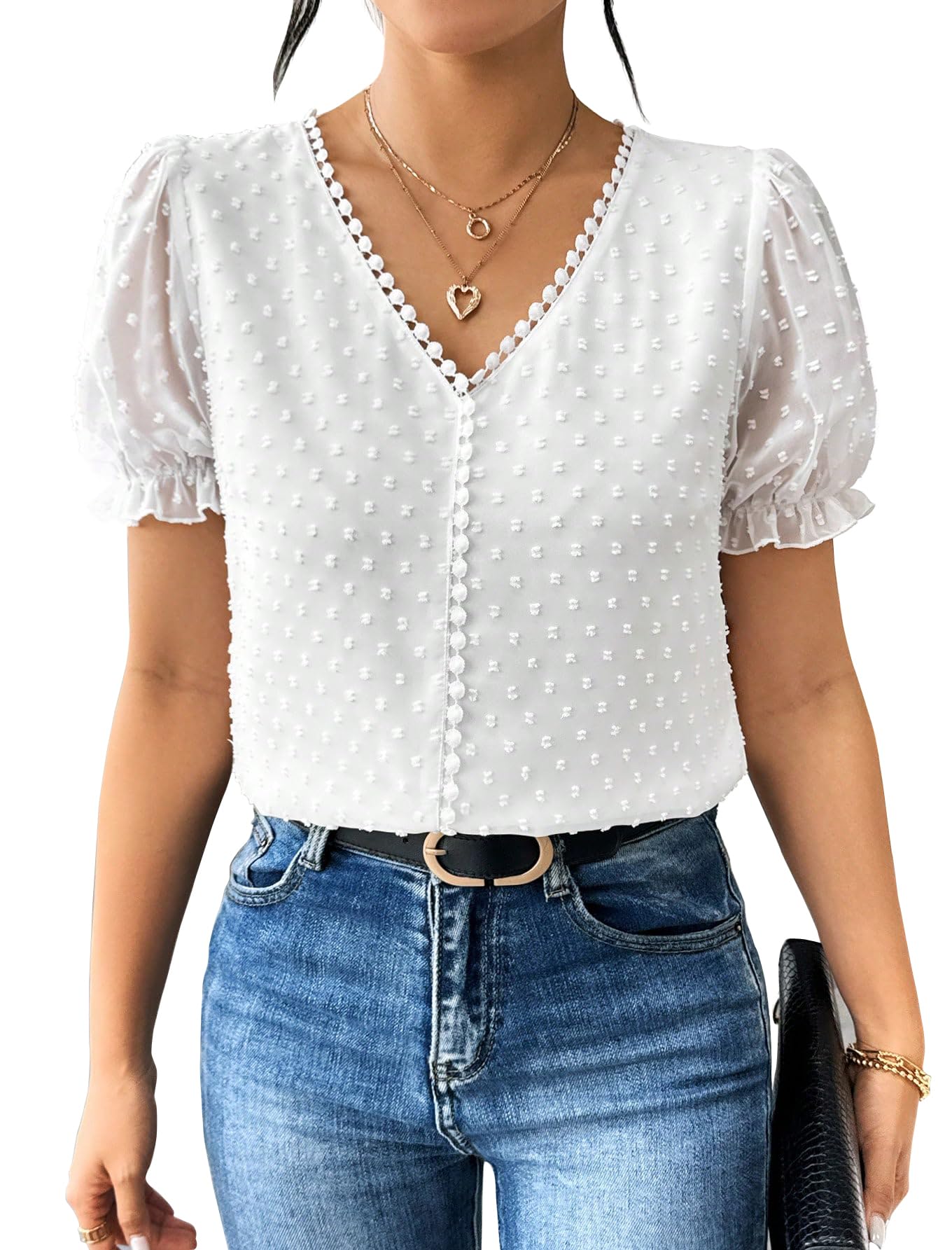 Women's Polyester Casual Fit Elegant French Textured Fabric Solid Lace Panel V-Neck Jacquard Blouse,Short Puff Sleeve Tops Simple Daily Spring/Summer Casual Blouse Shirt (Top 178)