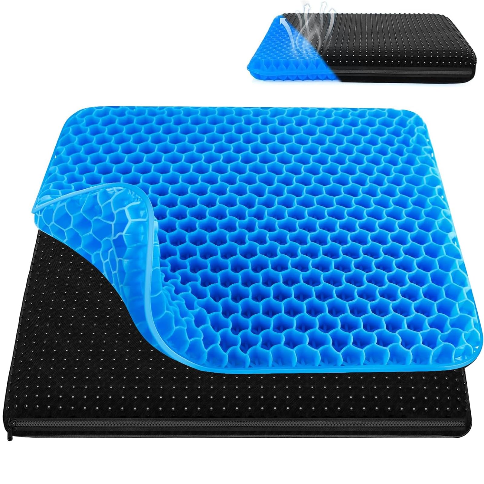 Gel Seat Cushion, Honeycomb Double Thick Gel Cushion for Tailbone & Back Pain Relief, Soft & Breathable,Pressure Seat Pads with Non-Slip Cover, for Office Chair, Car, Wheelchair, Desk & Long Sitting