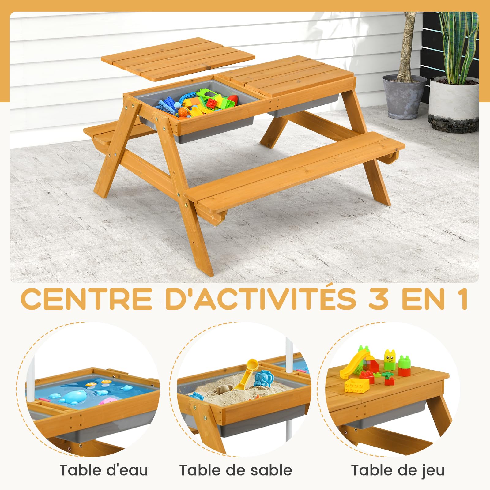 GOPLUS Mesa Infantil 3 en 1 con Banco y Sombrilla, Mesa de Actividad de Madera para Exterior Jardín Verde+Blanco