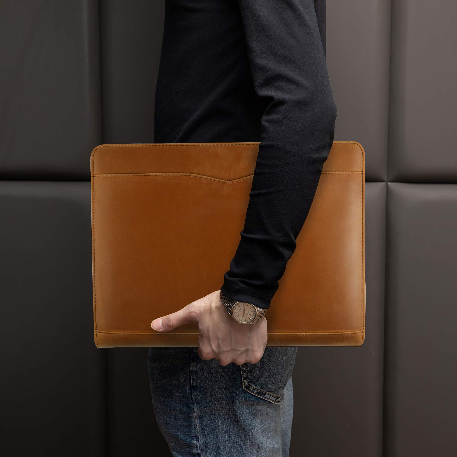 Funda profesional de cuero para negocios, carpeta de 3 anillas, organizador de documentos de negocios con cremallera, funda para tablet, con bloc de notas tamaño carta (versión mejorada marrón)