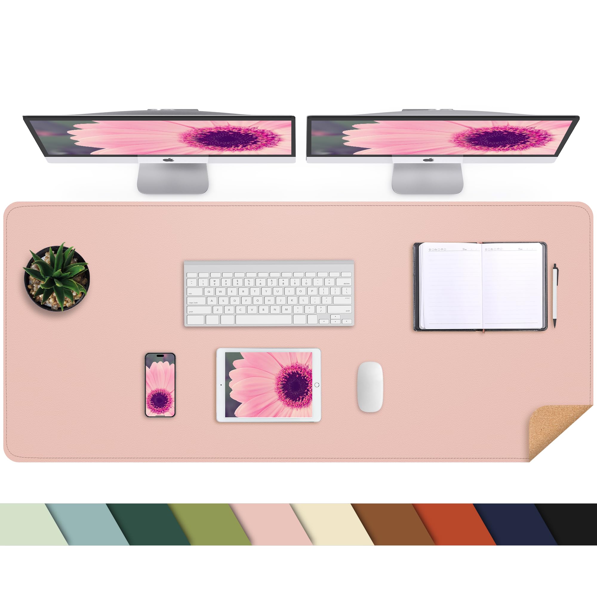 Leather Desk Mat, Large Mouse Mat,PU Leather & Cork Desk Pad, Waterproof Leather Table Protector Writing Pad for Office and Home(140 x 60 cm,Pink)