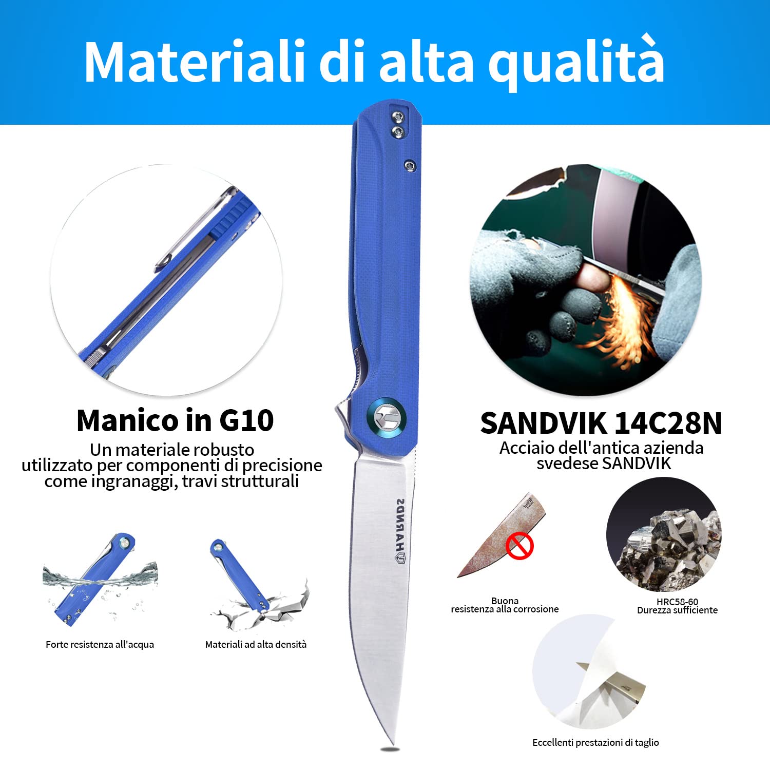HARNDS Wind Coltello Pieghevole Tascabile Lama in Acciaio Sandvik con Manico G10, Coltello Serramanico Integrato Cuscinetto a Sfere per Caccia, Campeggio, Sopravvivenza(Blu)