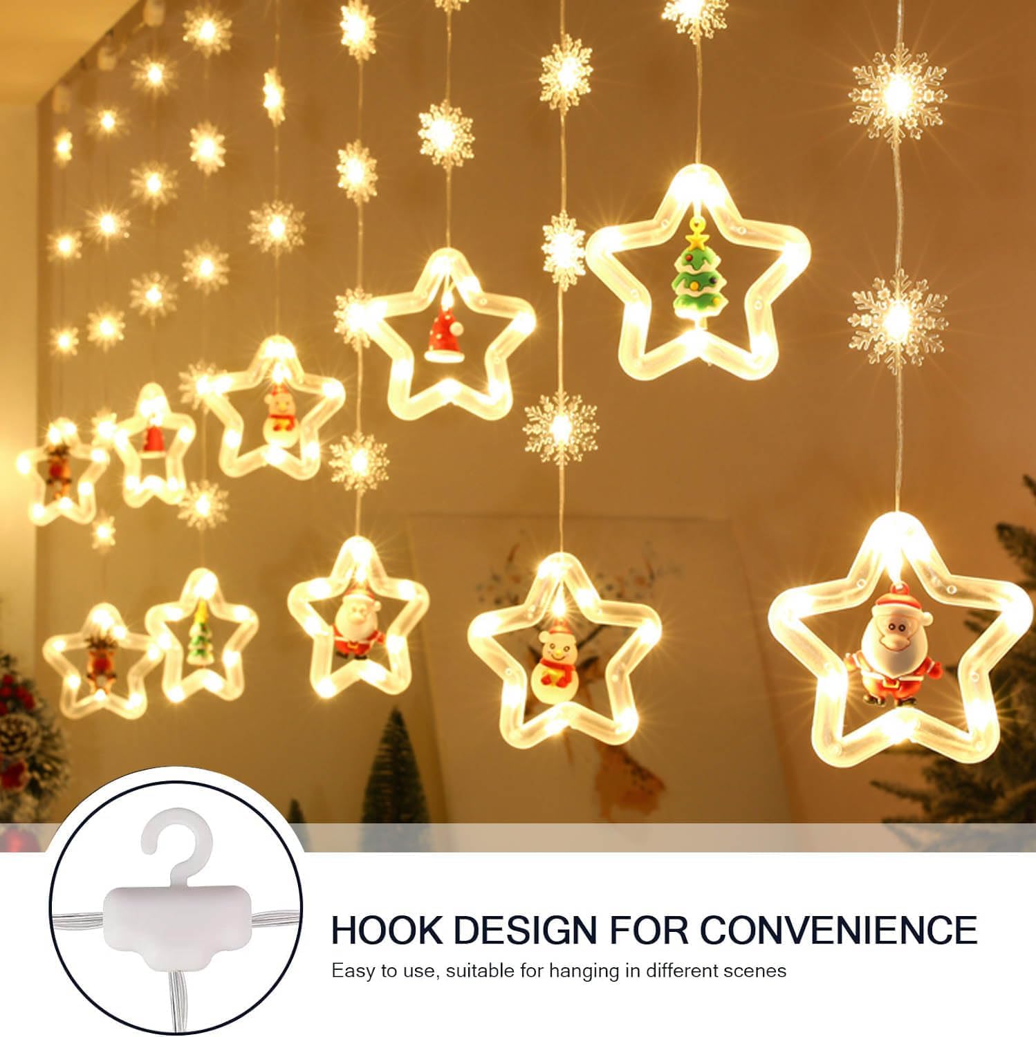 Devan Christmas Lights,3M LED String Lights with Hooks,Snowflake LED Christmas String Light Hanging Fairy Lights for Bedroom Wall Party Outdoor Warm White USB. (Star Shape) - Image 4