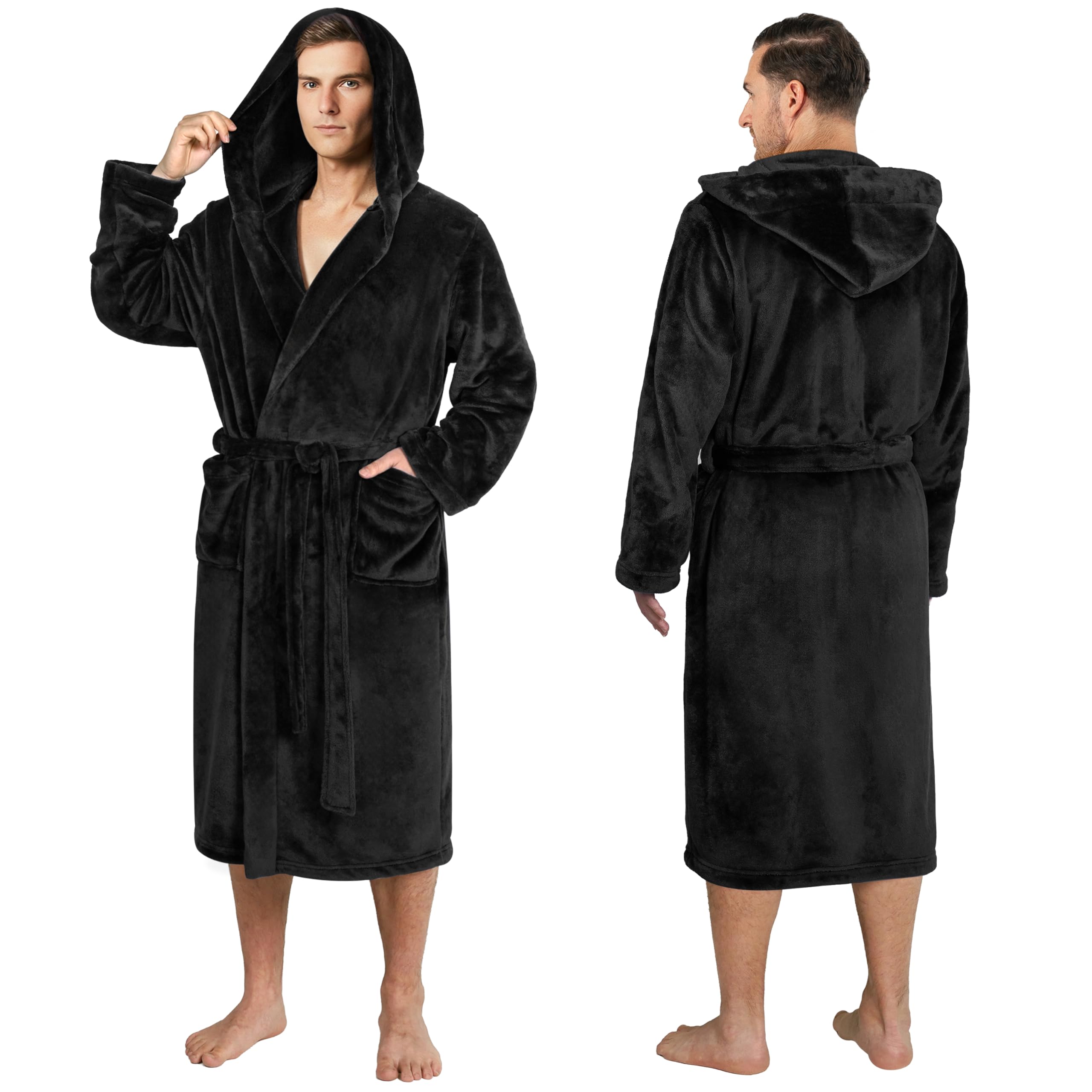 PAVILIA Mens Soft Robe with Hood, Bathrobe for Men, Lightweight Fleece Male Hooded Robe Long Bath Shower Spa