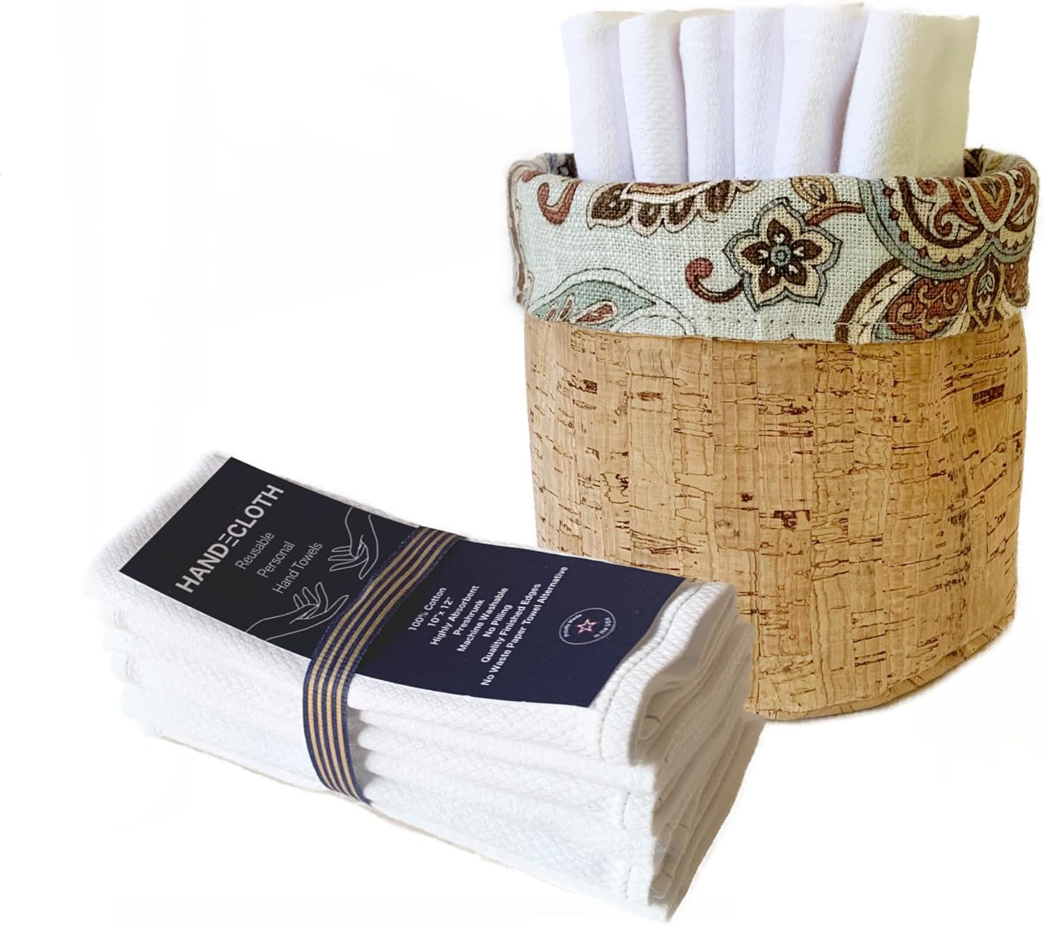 Premium Reusable Paper Towel Set - Cotton - American Made - Super Absorbent, Durable, Machine Washable, & Easy to Store (Reversible Rainbow & Cork Leather Basket, 12 White Cloths)