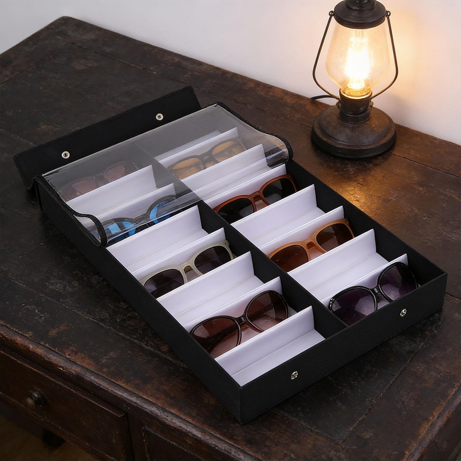 Bandeja para Gafas Caja para Gafas Organizador de Accesorios Bandeja de Joyería Soporte para Gafas con Tejido Suave Adecuada para Almacenamiento de Ga, Tapa Clara, universal