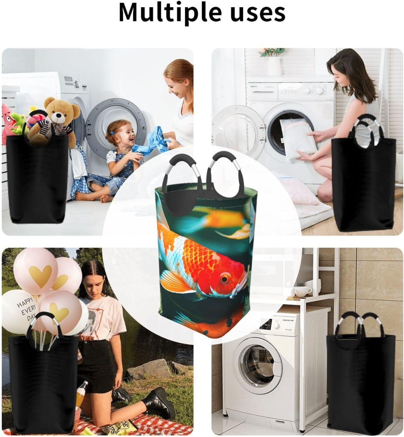 Pretty Koi Fish Print Foldable Laundry Bag Odor-Proof Travel Home Gym Collapsible Bedroom Storage Basket
