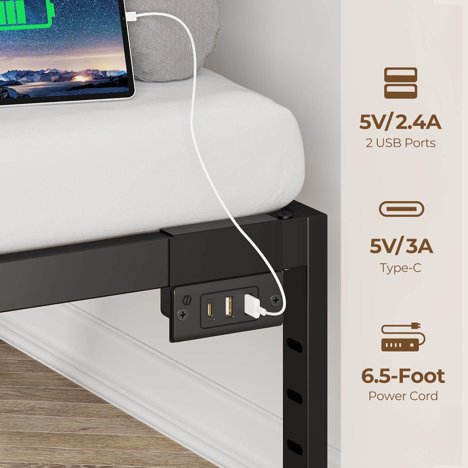 Rolanstar Bed Frame Twin Size with USB Charging Station, 14 Inch Metal Platform Single Bed Frame, Mattress Foundation with Heavy Duty Steel Slat Support, No Box Spring Needed, Easy Assembly, Black - Image 4