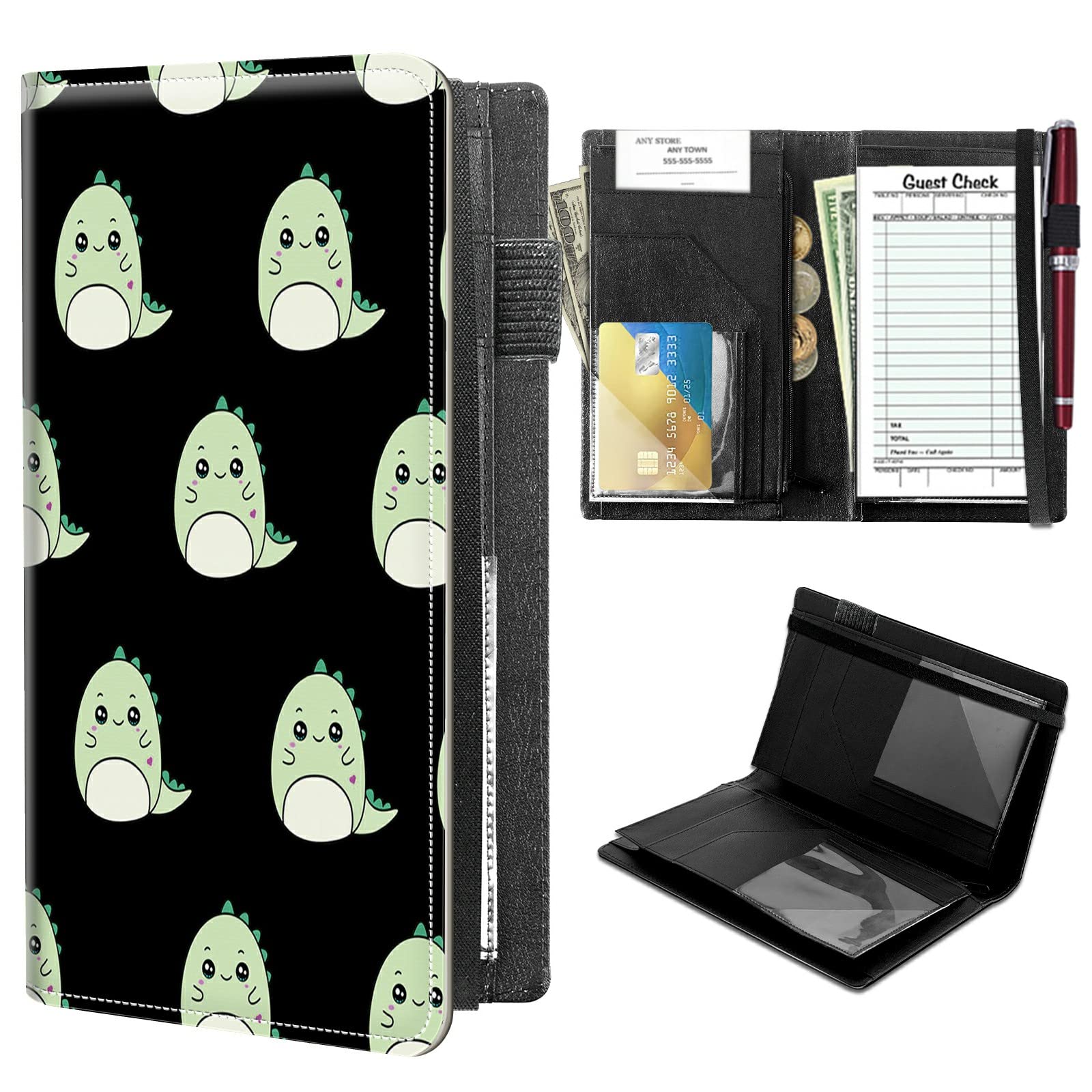 High Volume Server Books, Cute Dinosaurs Server Book w/ 2 Expandable Pockets 9 x 5 Cute Waitress Book Zipper Pocket & Strap Closure Waitstaff Organizer Server Booklet Waiter Money Wallet