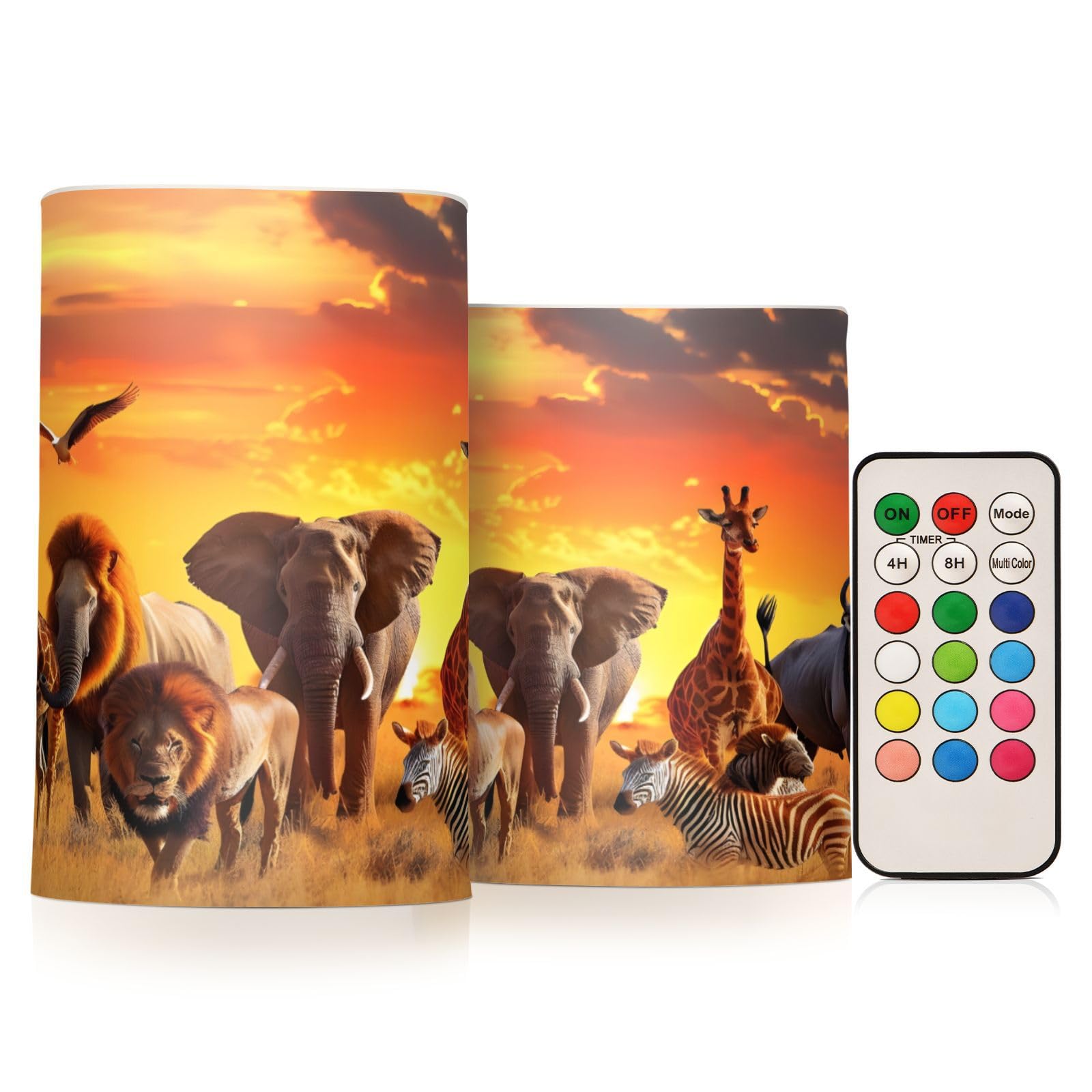 Mnsruu Flickering Flameless Candles African Animals LED Candles with Remote Timer Set of 2 Battery Operated Candle Home Decoration
