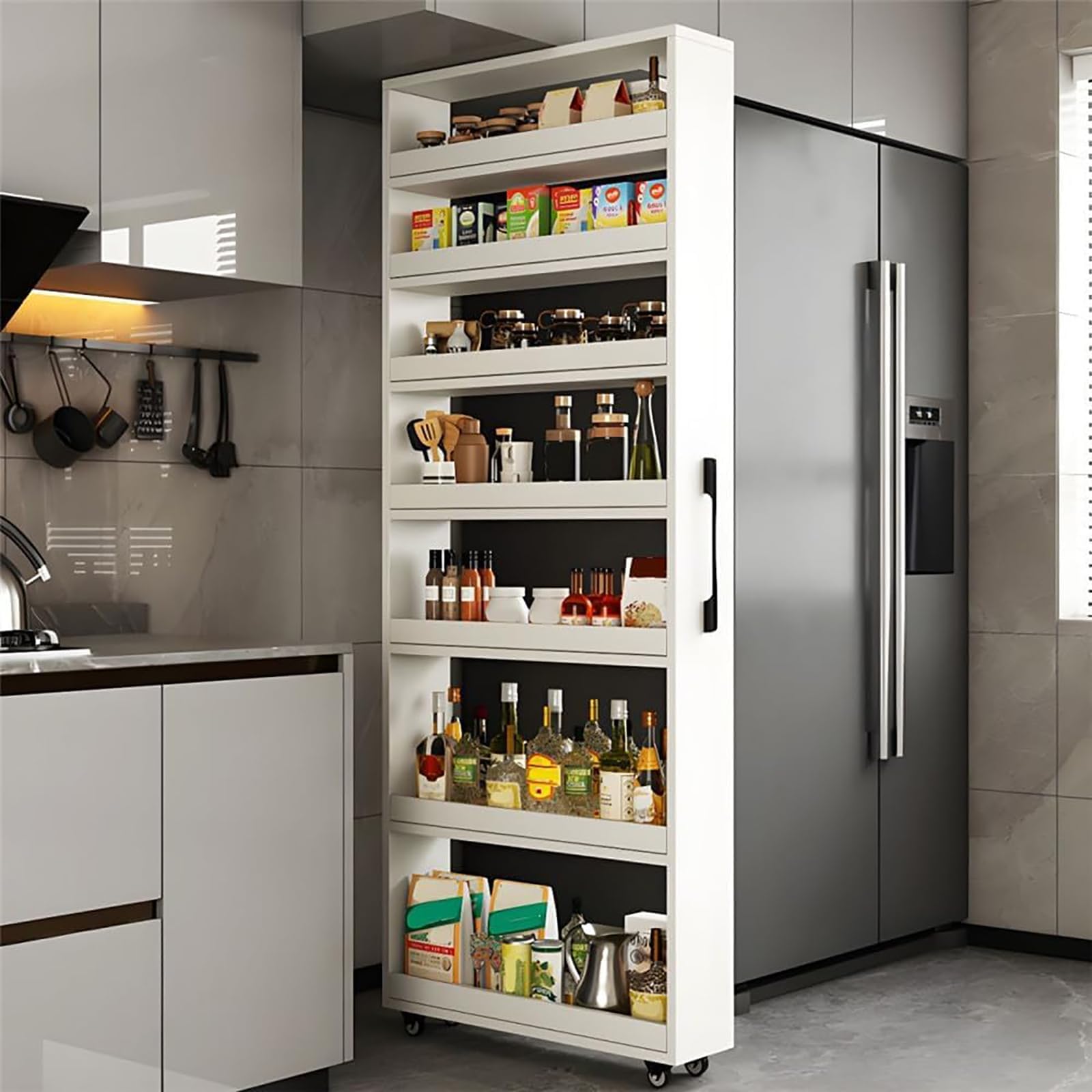GRIPITHPY 7-Tier Standing Storage Shelves,Slim Storage Cart,Kitchen Rolling Cart Narrow Cabinet with Handle for Narrow Spaces Home Kitchen Closet Pantry(22" L x 6" W x 72.5" H, White)