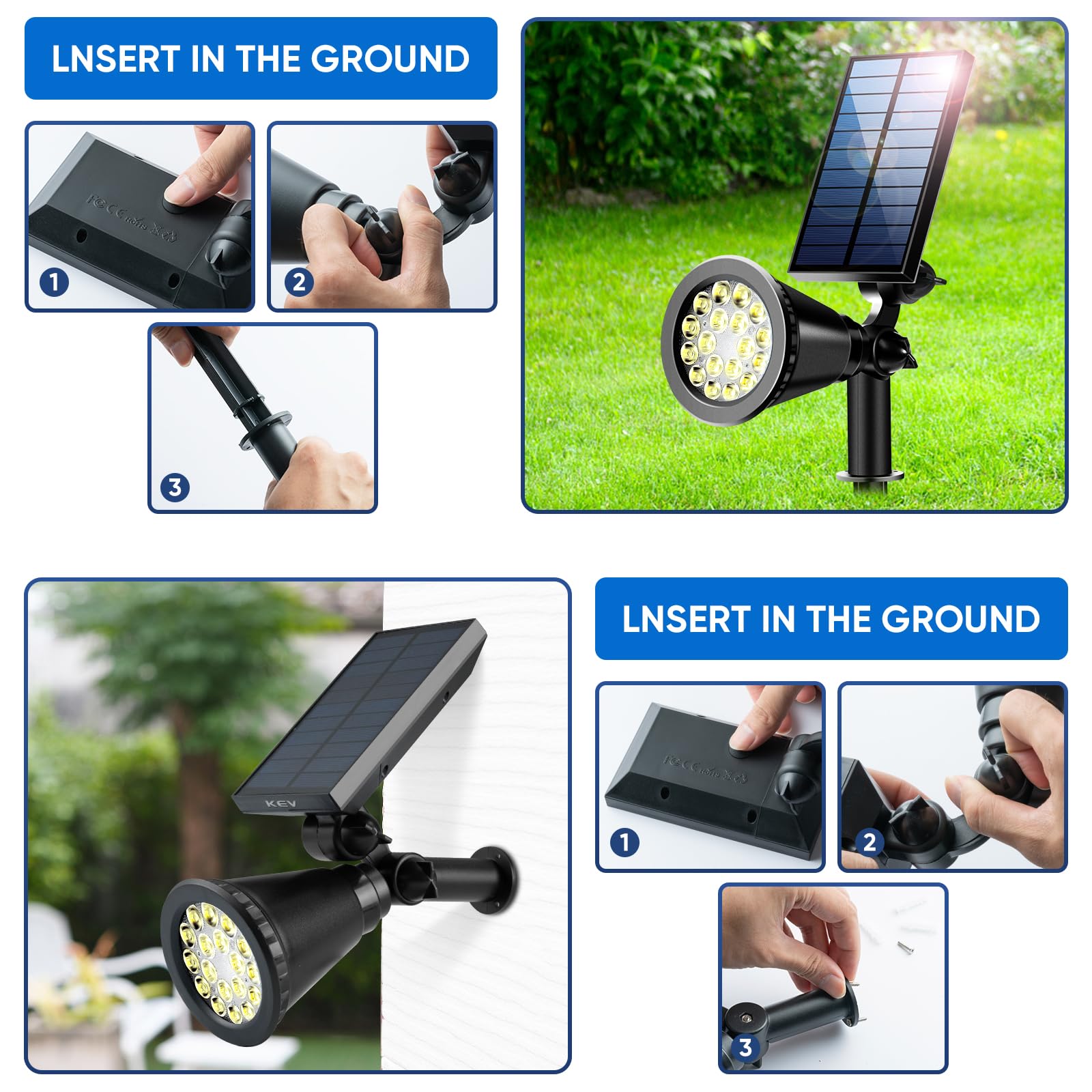 KEV Solar-Strahler für den Außenbereich, 800 Lumen, 4 Stück, 18 LEDs, Solar-Flutlichter mit 2 Modi, verstellbar, IPX65 wasserdicht, Solarstrahler für Auffahrt, Hinterhof, Terrasse, Landschaft, Baum,