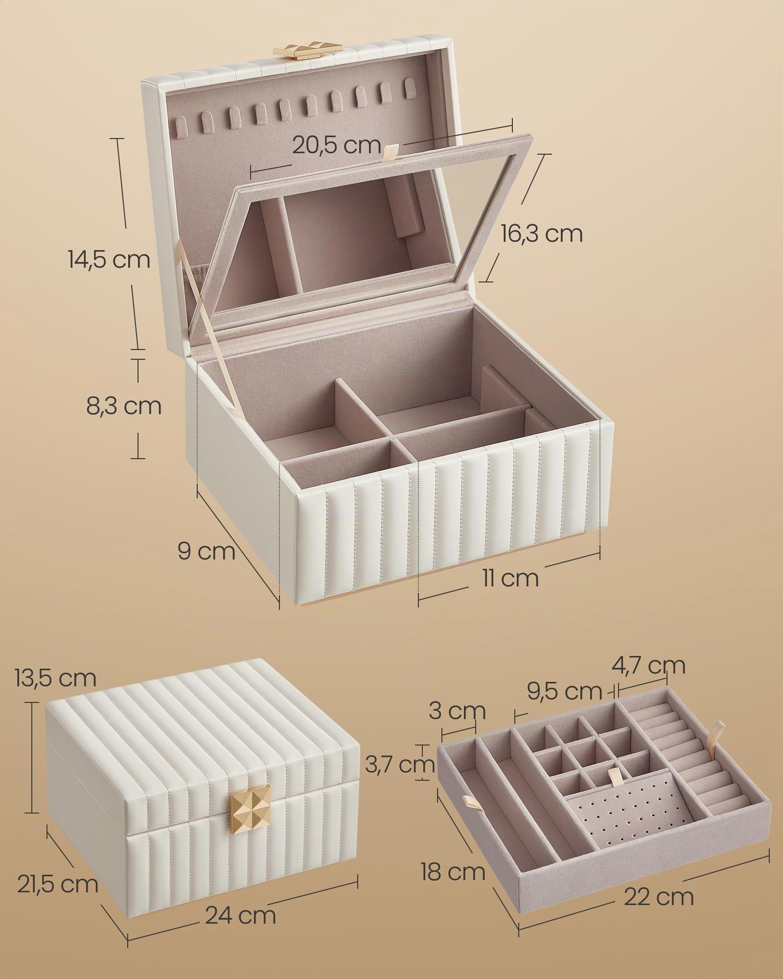 SONGMICS HOME ANAH Kollektion - Schmuckkästchen 2 Ebenen, 2er Set, Schmuckbox mit Spiegel, Schmucktablett herausnehmbar, PU mit Nähten, Schwebe-Effekt, 21,5 x 24 x 13,5 cm, wolkenweiß JBC182W01-2J