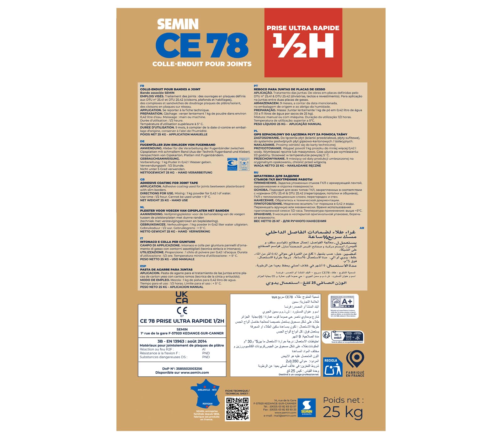 Enduit pour Joints de Plaques de Plâtre CE 78 1/2 Heure Semin, Intérieur, Sac de 25 kg (lot de 2)
