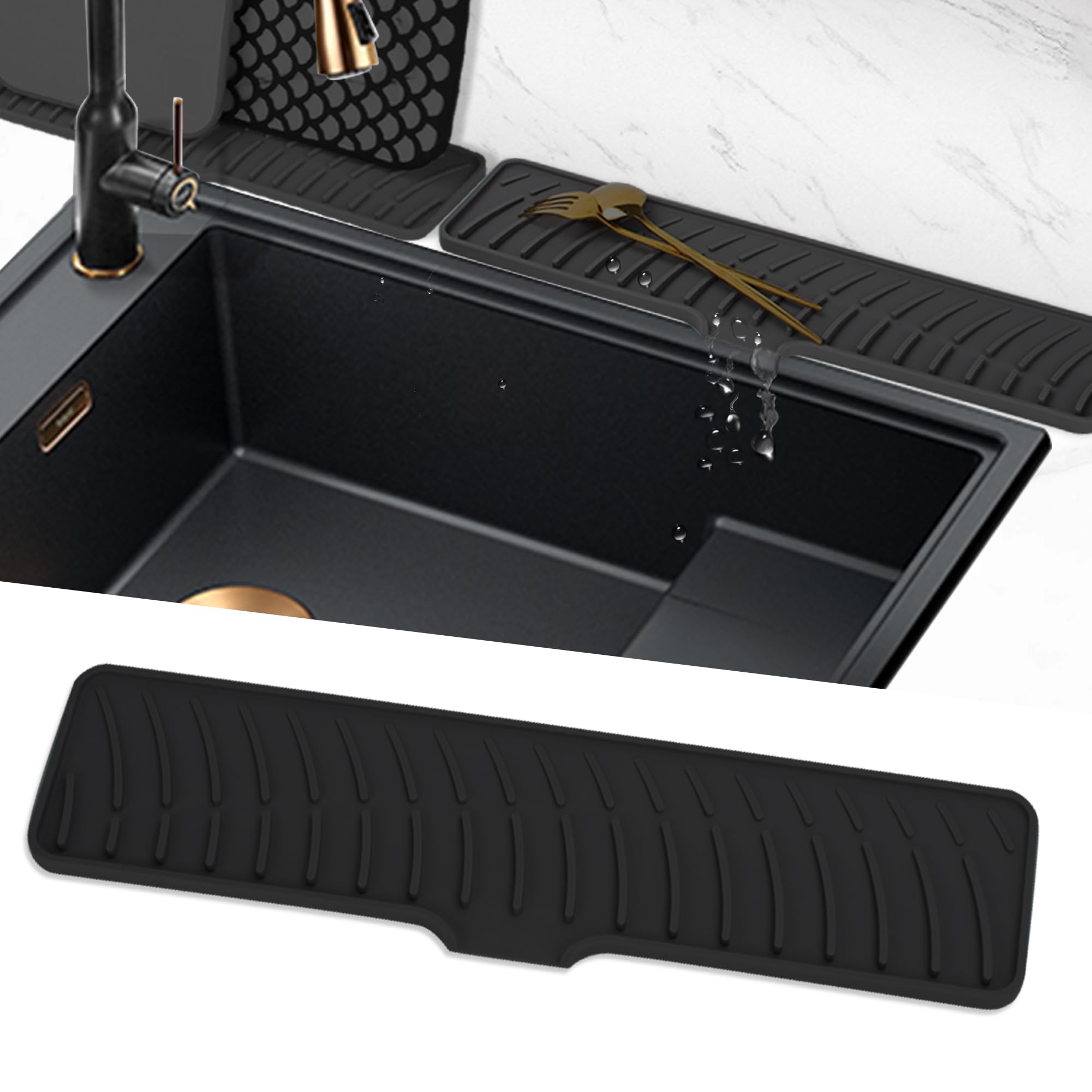 Muiltvoe Silicone Faucet Mat for Sink, Narrow Kitchen Sink Splash Guard, Faucet Handle Drip Catcher Tray, Draining Mat for Sink Protector, Tap Drain Mats for Kitchen Bathroom Counter (Black, 42 cm)