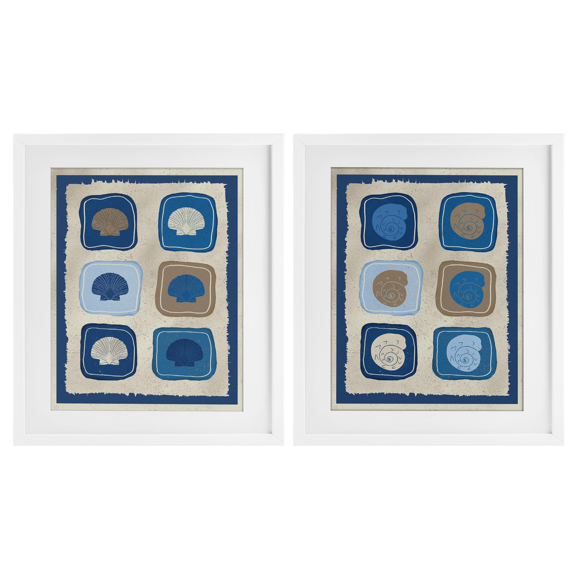 Stupell Industries Coastal White (Textured) Blue Seashells Coastal Abstract, 17 X 21 Inch Framed Print Under Glass Set