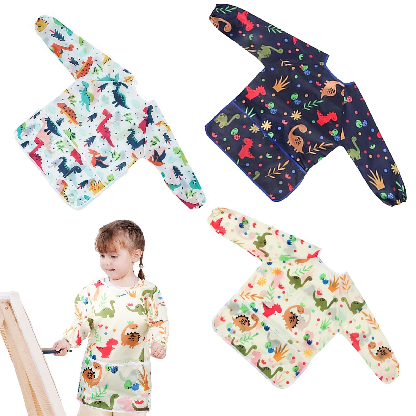 Furforstk Apron for Kids 3 Pcs Kids Aprons for Painting Waterproof Painting Apron with 3 Pockets with Long Sleeves Childrens Aprons for Ancient 28 Years (Dinosaur)
