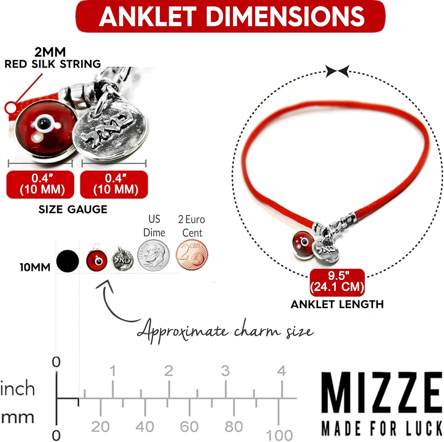 Abundance & Success Red Silk String Coin Charm Anklet Jewelry for Women in Sterling Silver - 9.5" in Length Ankle Bracelet - Evil Eye Jewelry Gift for Mom, Wife, Girlfriend, BFF