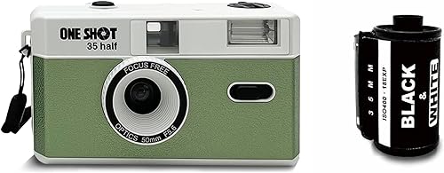 1 Shot Point and Shoot - Cámara de película reutilizable de 1.378in, cámara de medio fotograma, flash integrado, incluida con un rollo ASAISO 400