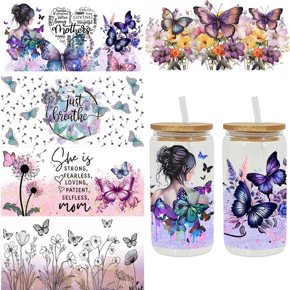 KOLONAMS 5 Sheets Butterfly UV DTF Cup Wrap Flower Butterflies UV DTF Transfer for 16oz Glass Waterproof Crafting Decals