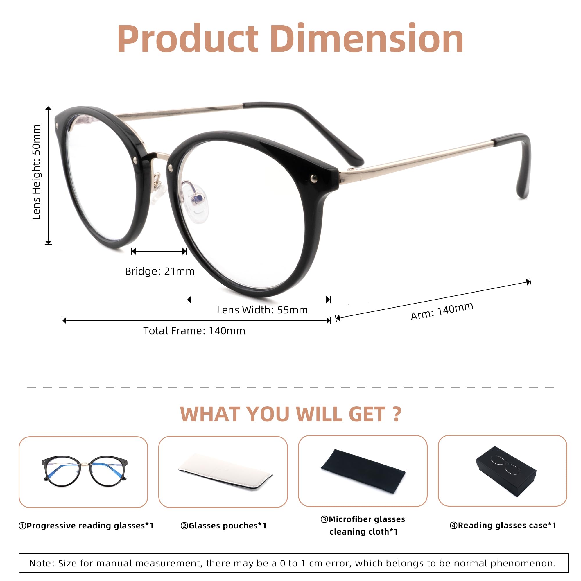 FEIVSN Trendy Round Progressive Multifocus Reading Glasses Women Men Multifocal Readers Blue Light Blocking Eyeglasses Black +2.0