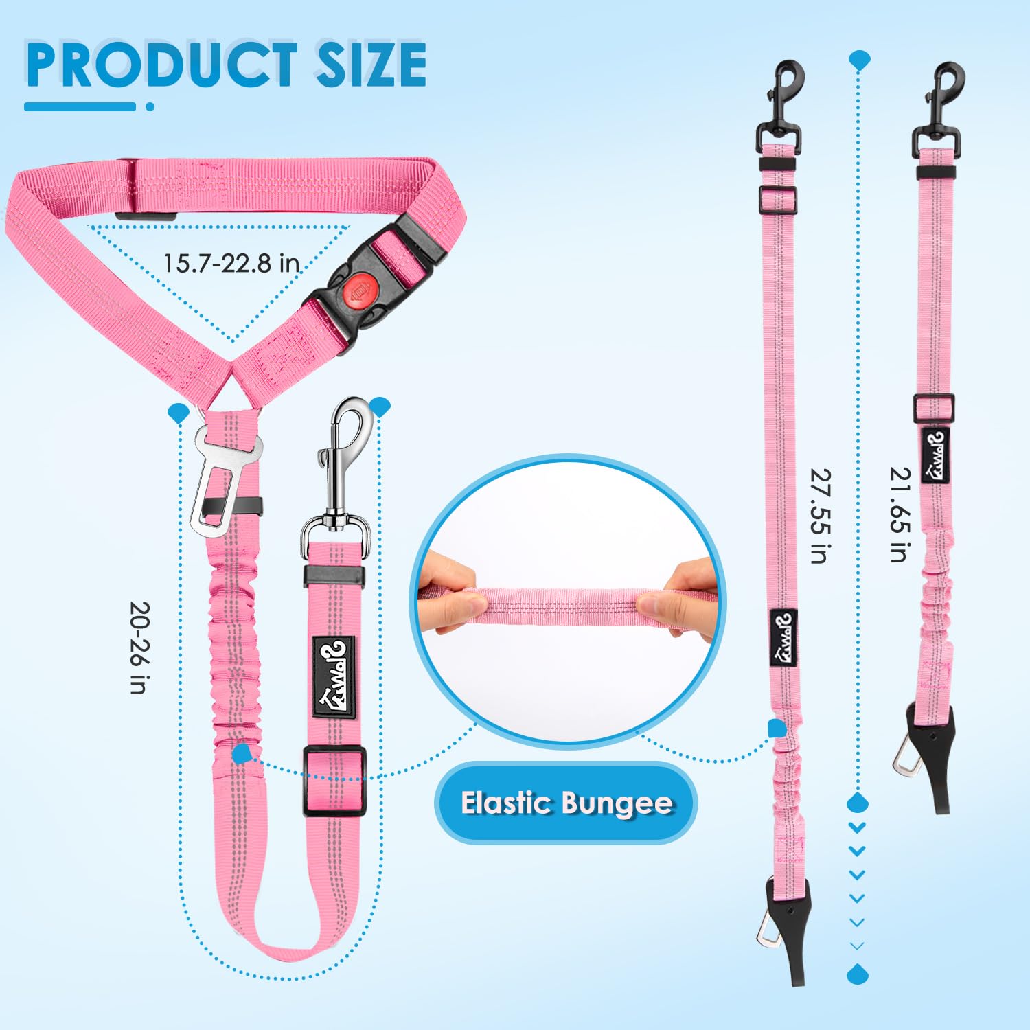 Lukovee Dog Seatbelt Leash for Cars, 2 Pack Pet Safety Seat Belt with Adjustable Buckle & Reflective Bungee, Connect Dog Harness in Vehicle Dogs Restraint Travel Daily Use (Pink) - image 6