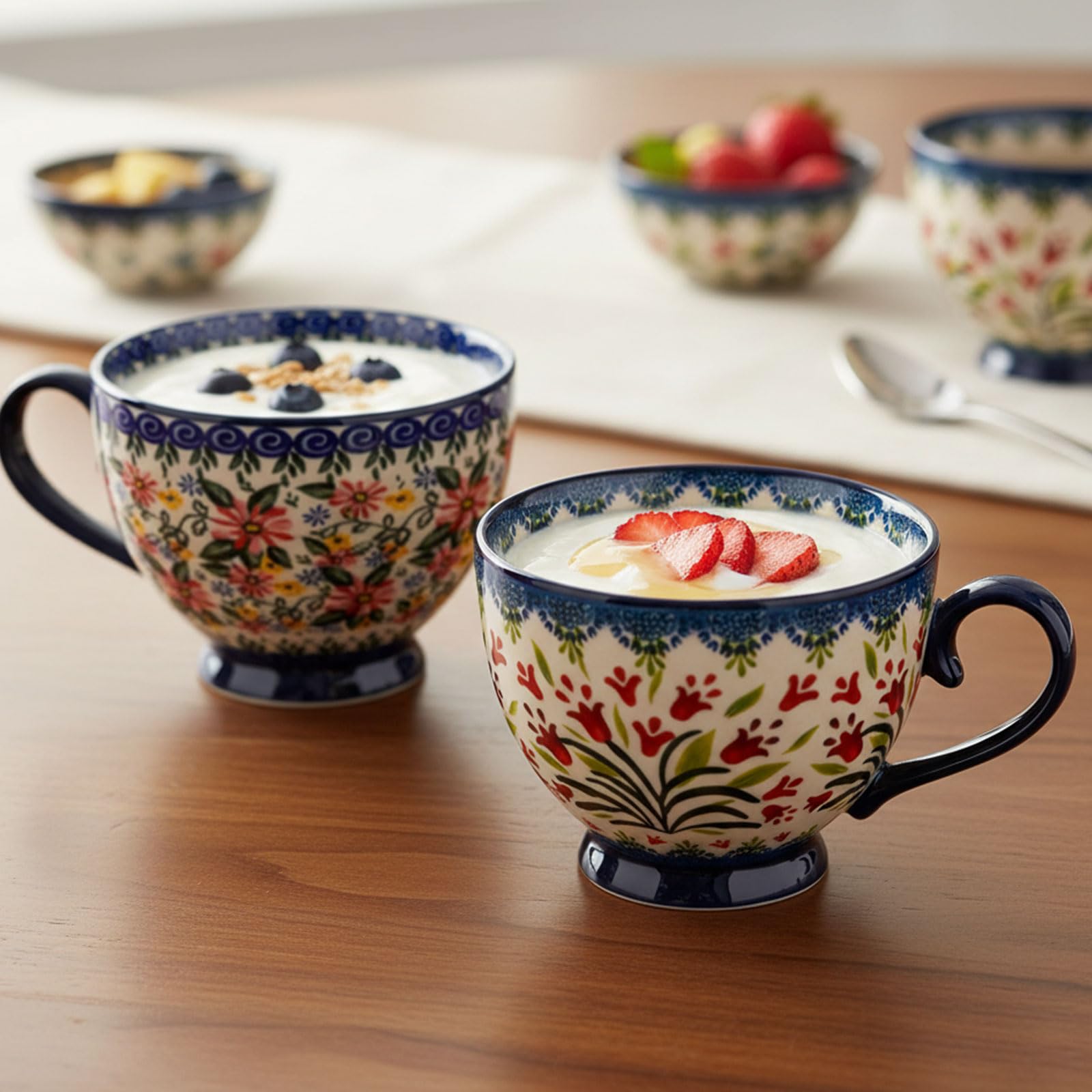 Set di 4 tazze da colazione in ceramica, 510 ml, con motivo floreale dipinta a mano, con manico, set di tazze in porcellana, tazze da cappuccino in ceramica, adatte al microonde