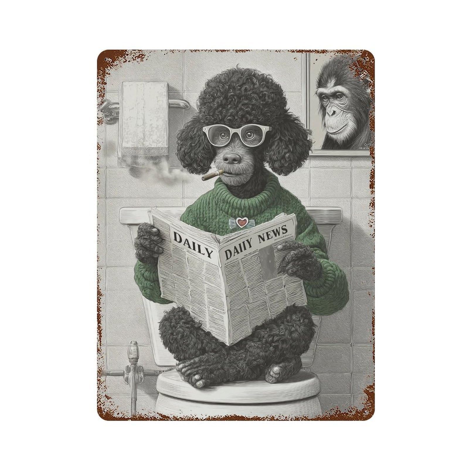 Poodle Smoking on Toilet Decorative Tin Sign 15.7"x11.8", for Bistro, Counter And Cafe Decor, Novelty Wall Decor