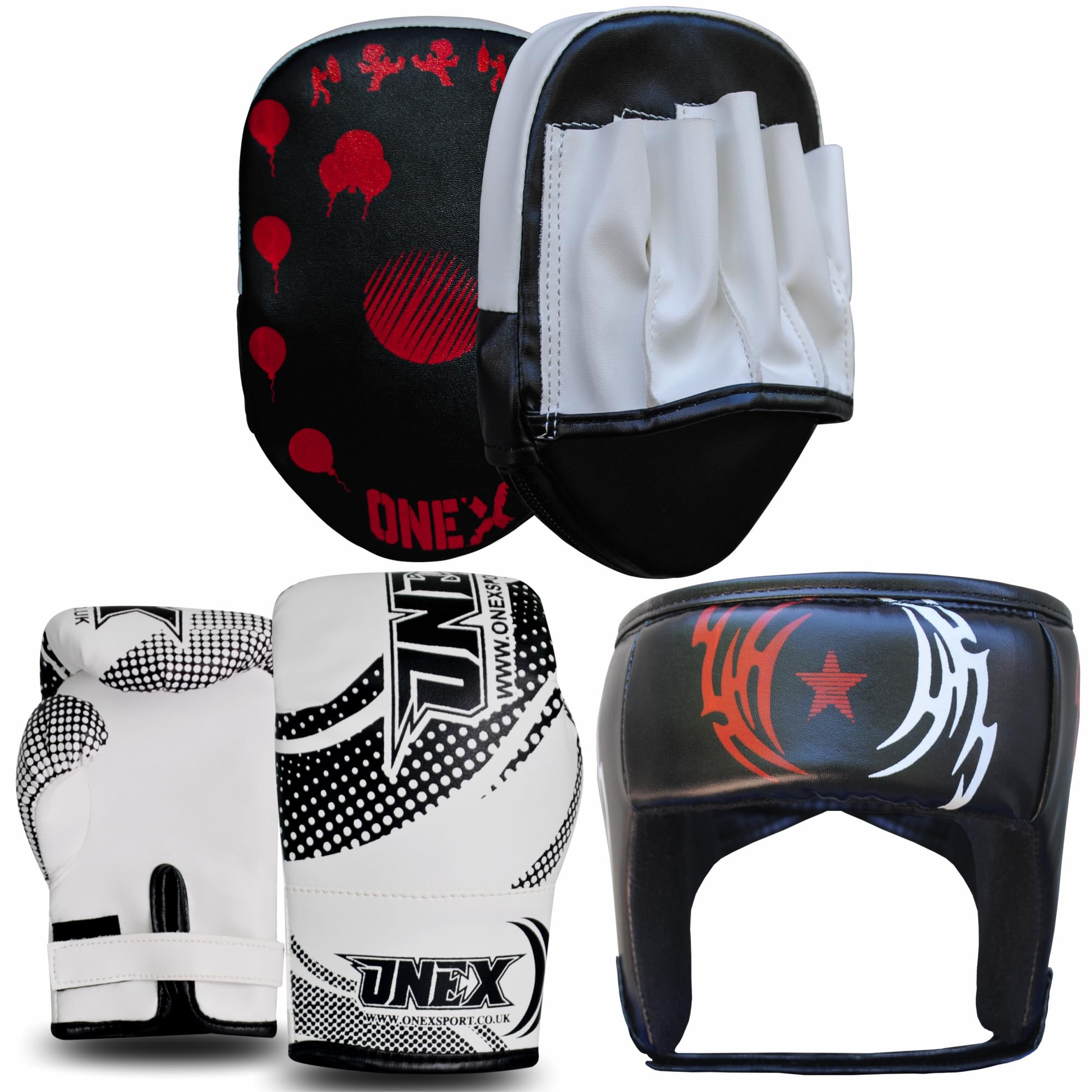 Boxing Set – Gloves, Head Guard & Focus Pads – Ages 2-5 Years | Toddler Punching Set | Boys & Girls Mini Boxing Training Kit | Safe Soft Padding | MMA, Muay Thai, Kickboxing (Black/white)