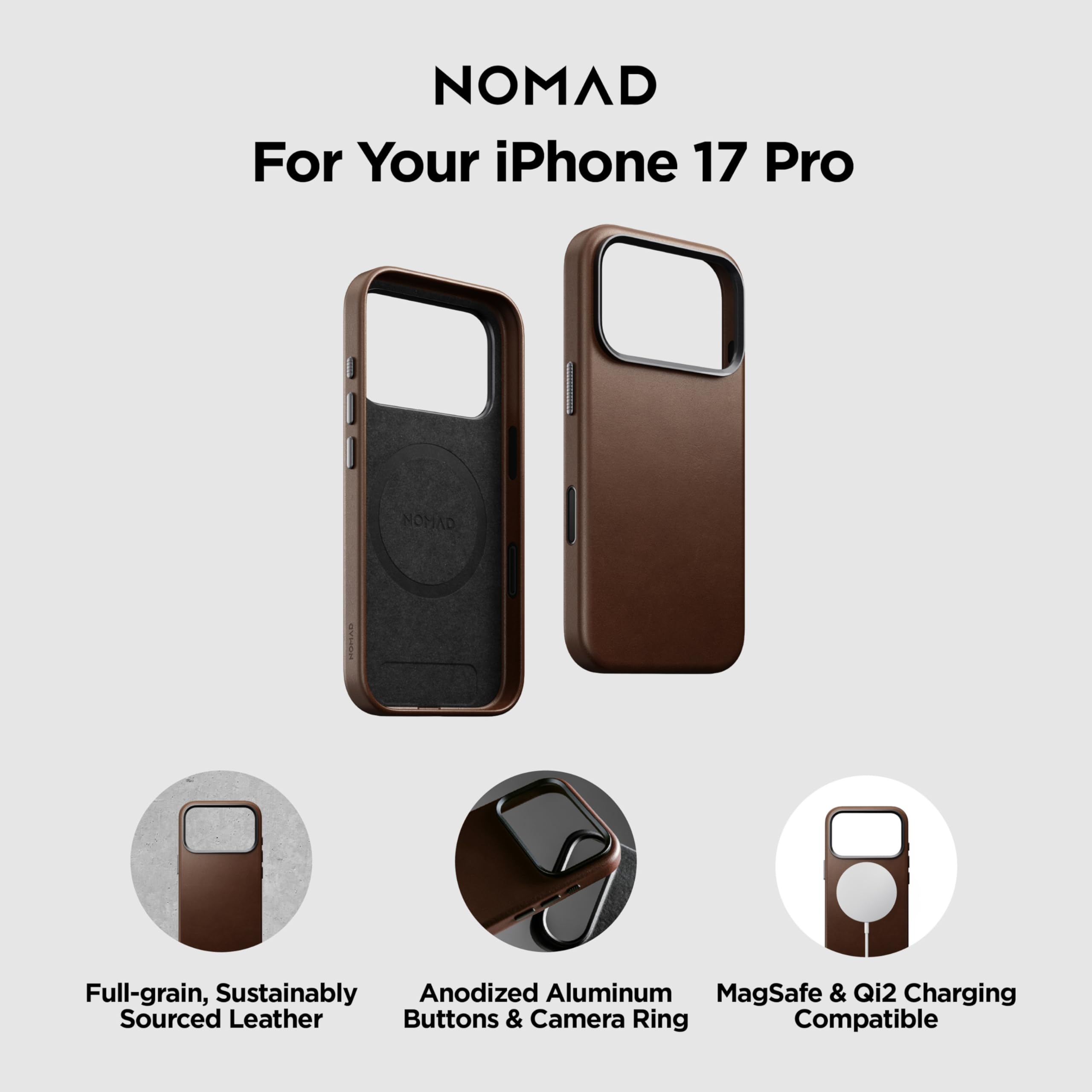 NOMAD Tradycyjne skórzane etui do iPhone 17 Pro, etui ochronne z wysokiej jakości prawdziwej skóry, kompatybilne z MagSafe, brązowe