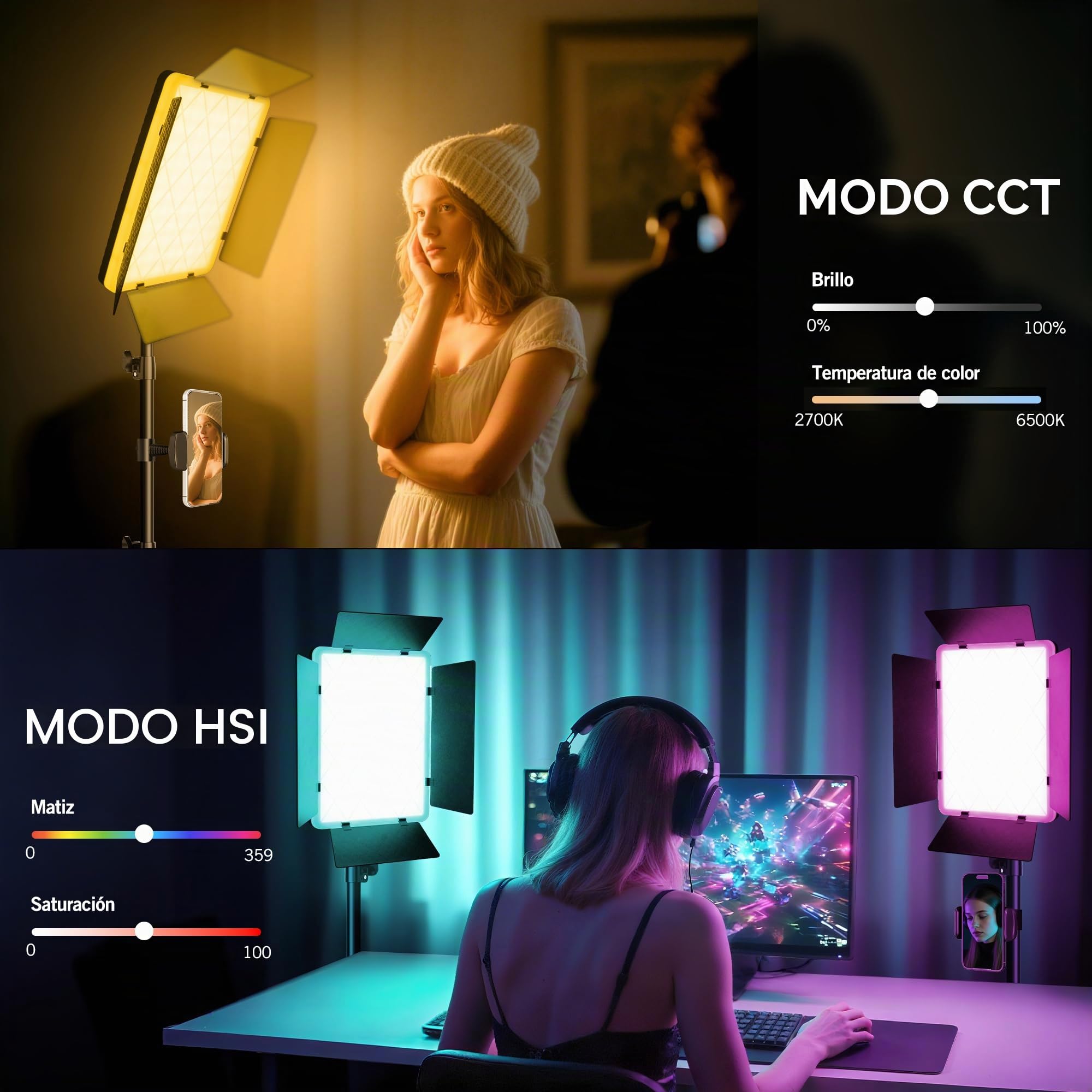 NiceVeedi Luz de video RGB de 15 pulgadas, iluminación de estudio fotográfico de 40 W con control remoto y soporte para teléfono, panel de luz LED regulable de 2700 K-6500 K con 20 escenas/modo RGB