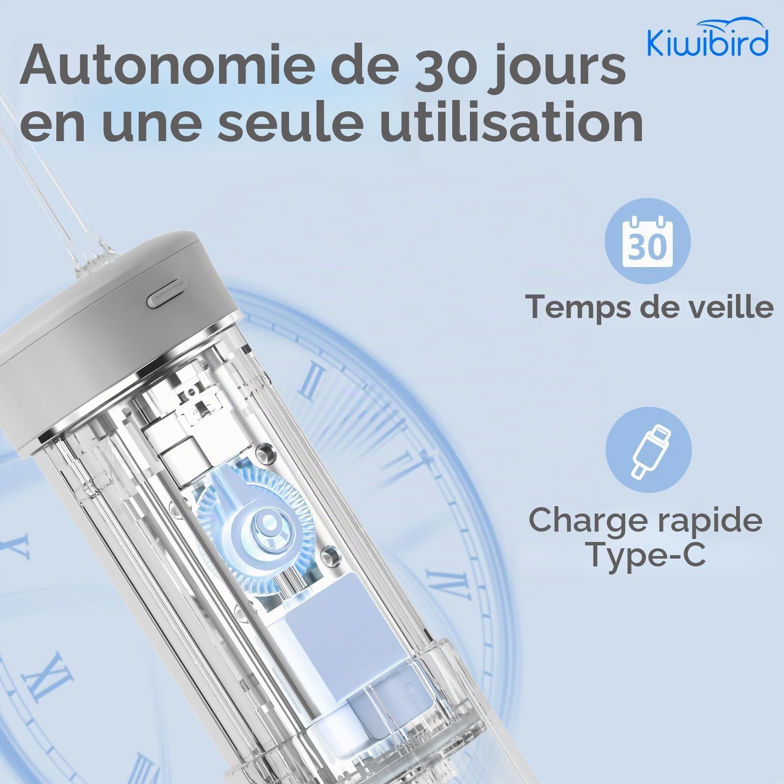 KIWIBIRD Mini hydropulseur pour voyage, irrigateur buccal sans fil ultra-portable avec lumière UVC, étanchéité IPX8, 3 modes, nettoyeur de dents de 230 ml pour soins des pierres amygdales et des