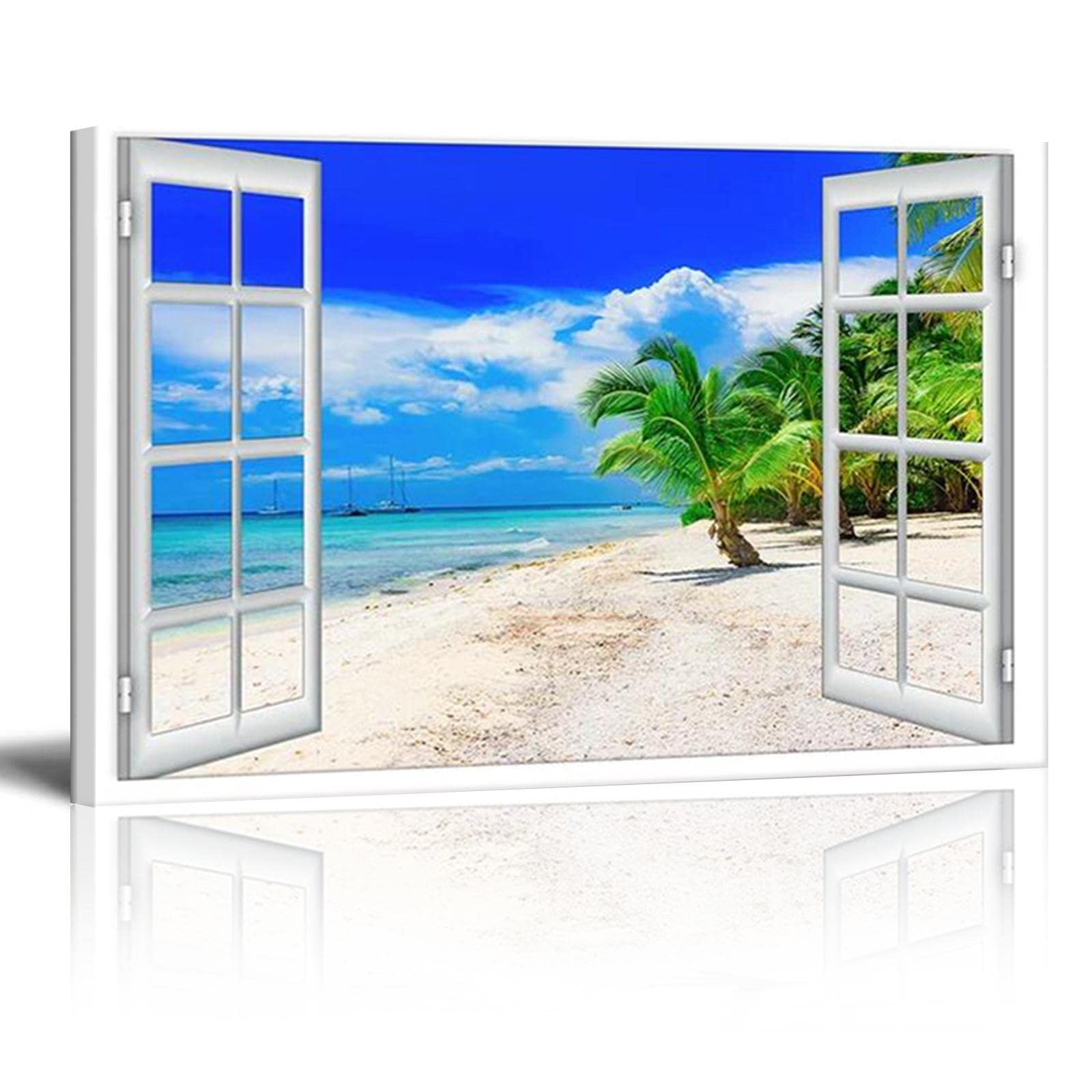 HOLEILUCK White Beach with Blue Sea and Palm Tree Open Window Mural Abstract Canvas Wall Art Framed Prints for Living Room 100x60cm/39x24in With Frame — image 1
