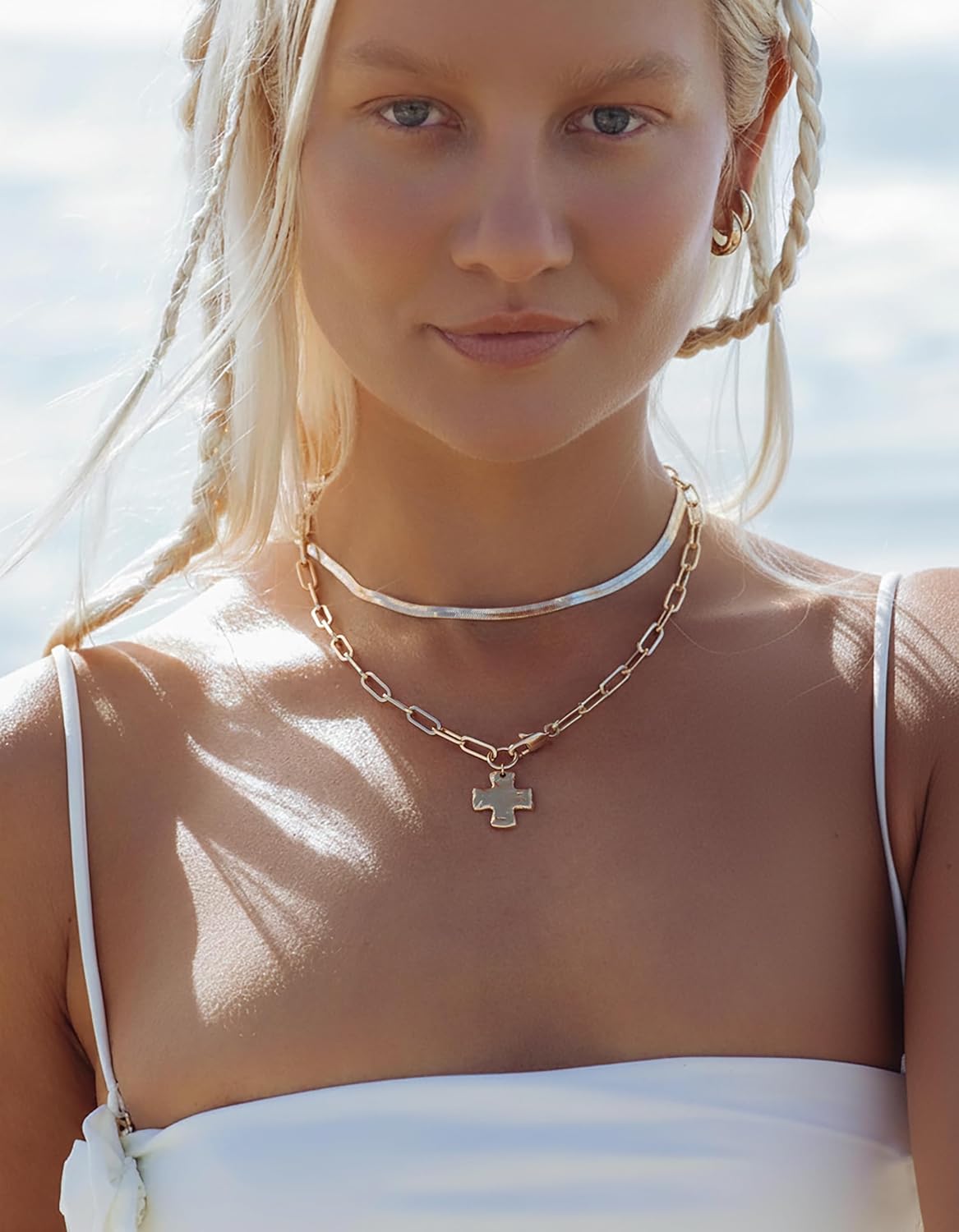 Moodear Valentines Day gifts for Her Chunky Cross Necklace for Women Trendy 14K Gold Plated Silver Layered Statement Crucifix Pendant Charm Necklaces Paperclip Chain Snake Herringbone Choker Jewelry - Image 3