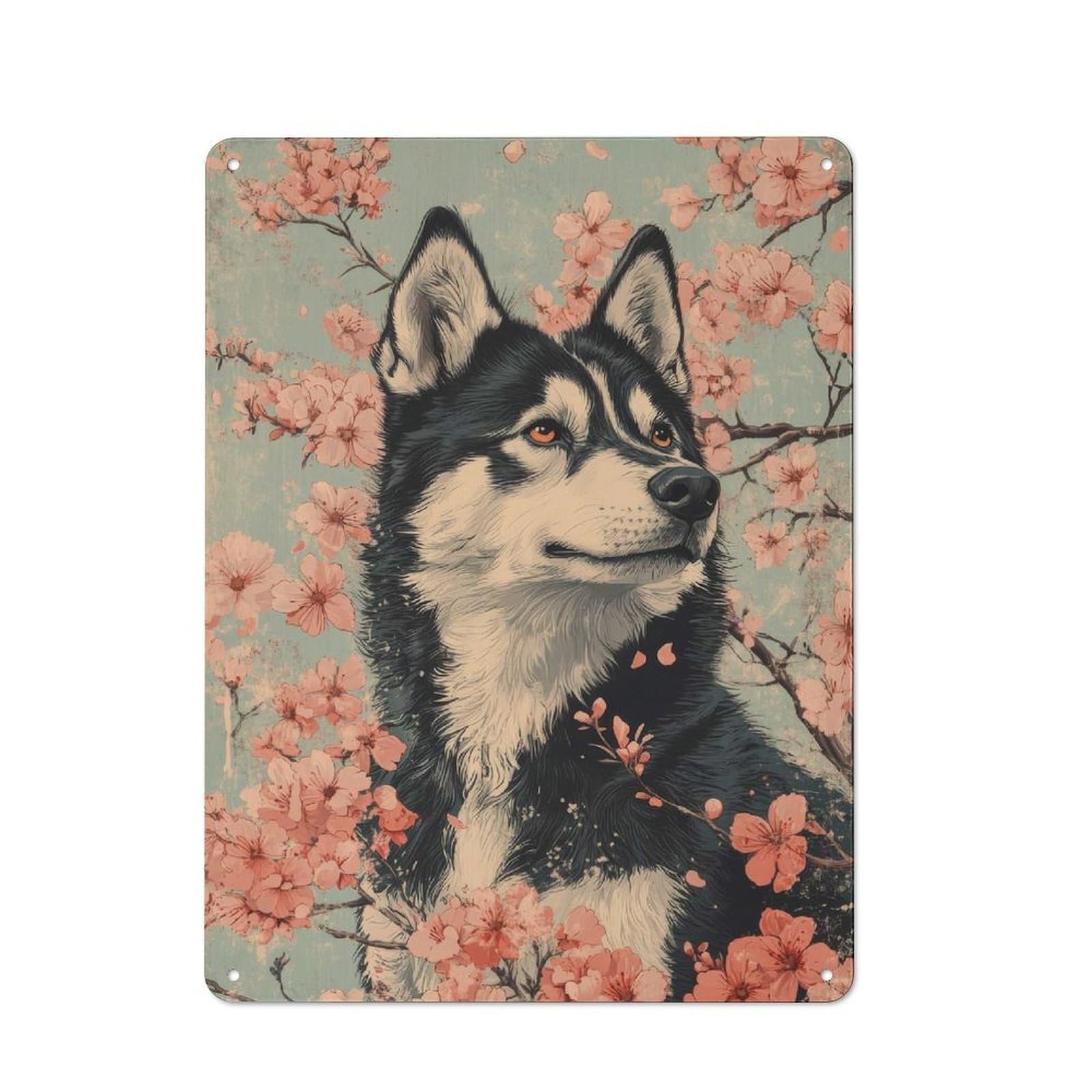 Junmoney Husky In Cherry Blossoms Husky Dog Cherry Bl Rustic Tin Sign 40X30cm Featuring Ossom Floral Art For Bar Or Restaurant, A Housewarming Gift For Bar Decor Enthusiasts