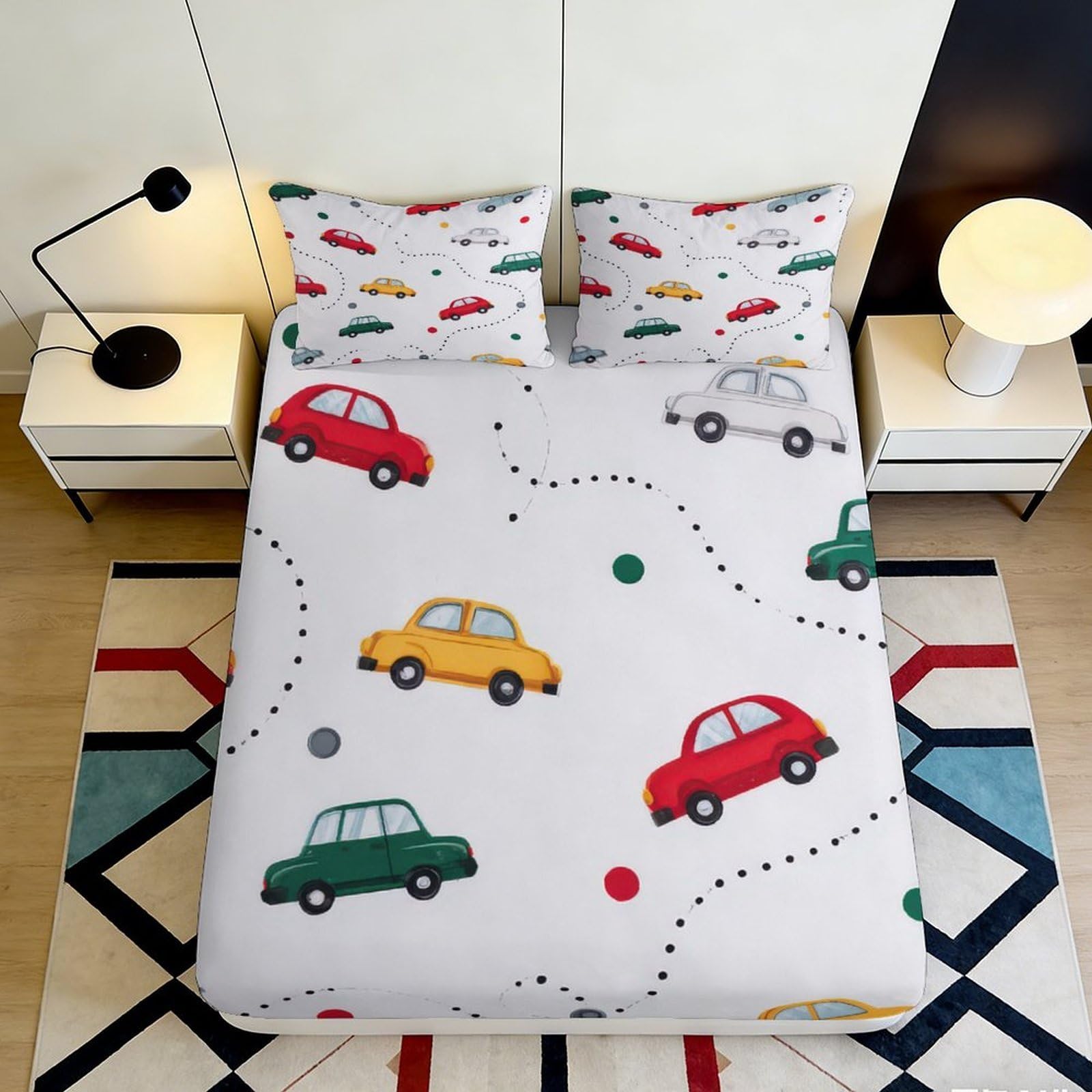 3D Printed Cartoon Cars Fitted Sheet Microfiber Colourful Vehicle Pattern Mattress Cover for Bedroom Dorm Decor 90x200x25cm