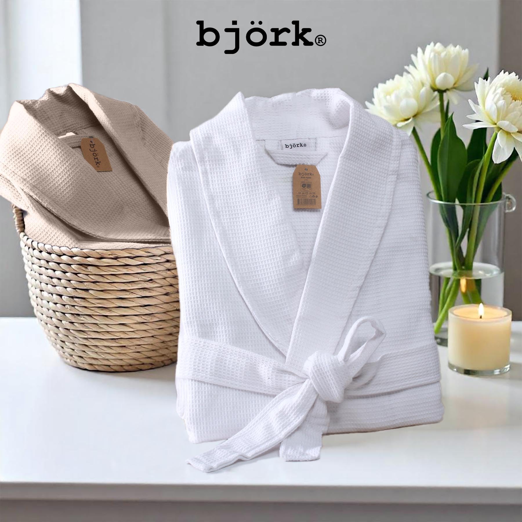 Björk Waffel-Bademantel für Damen und Herren – 100% Baumwoll-Frottee, leicht und saugstark mit Schalkragen und Bademantelgürtel – perfekt für Spa, Zuhause und Hotel