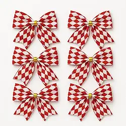 Kit com 6 Laços Decorativos Quadriculado Vermelho e Branco 10x10 cm para Decoração Natalina Premium